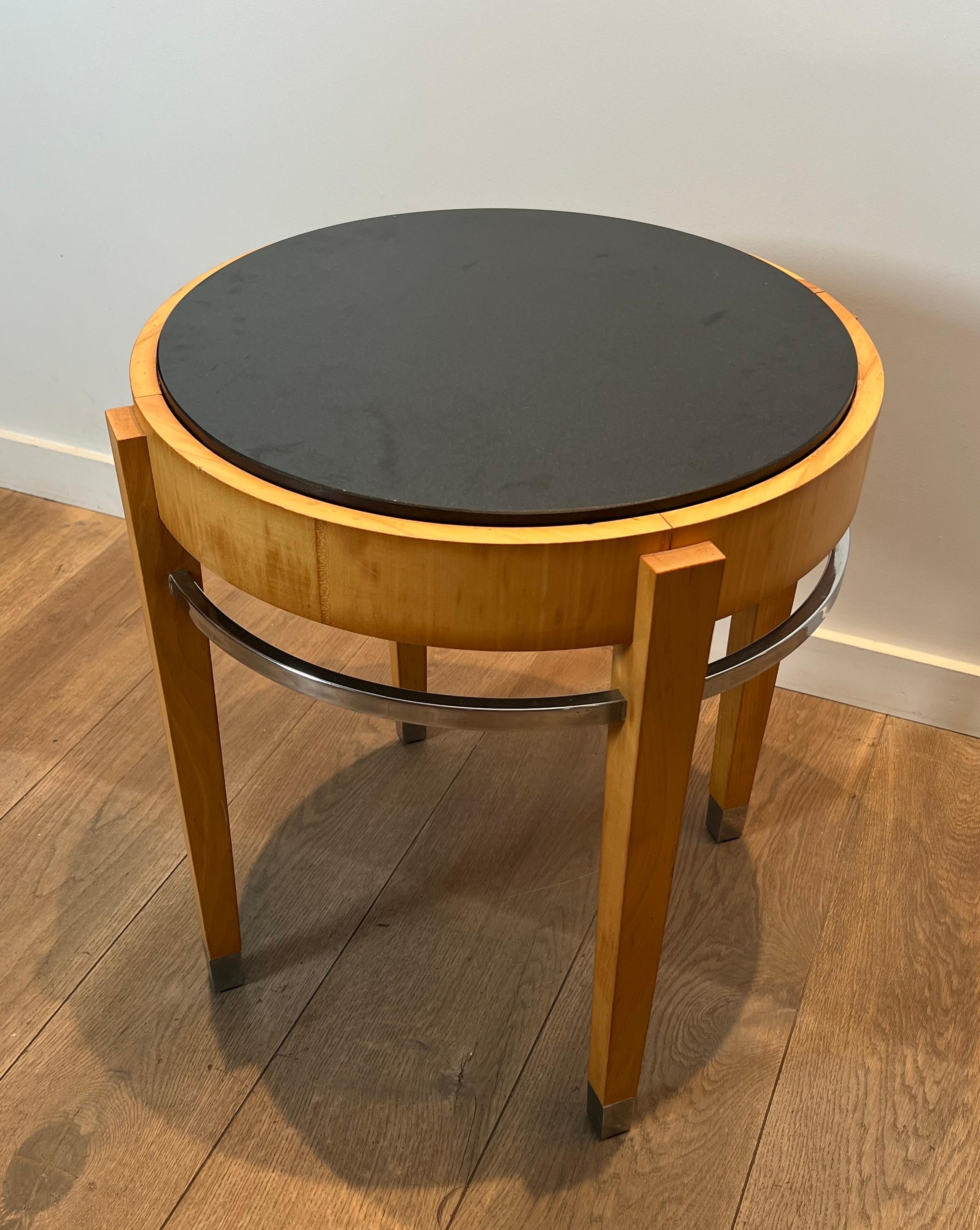 French Sycamore Veneer and Chrome Pedestal Table with Marble Top For Sale