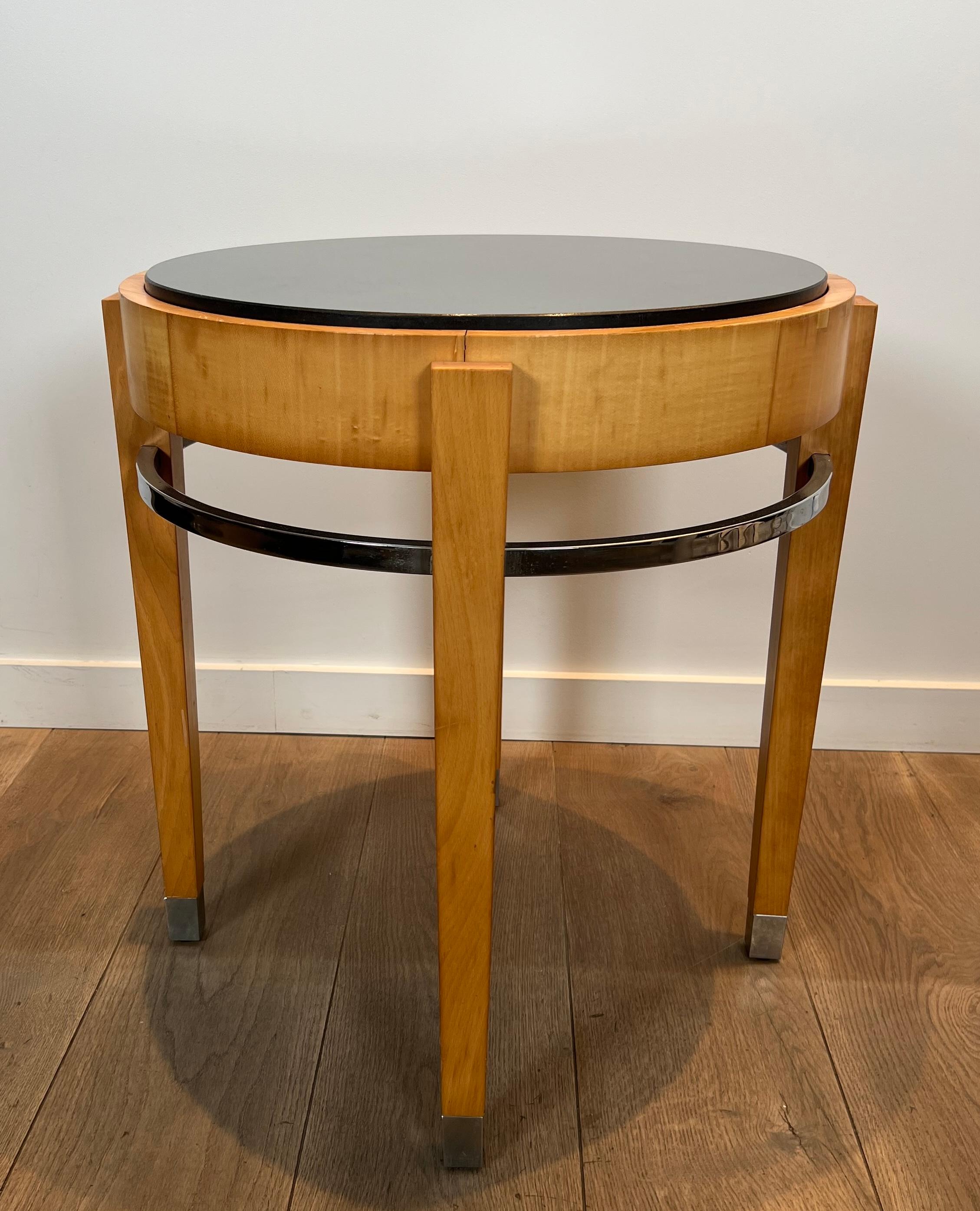 Sycamore Veneer and Chrome Pedestal Table with Marble Top In Good Condition For Sale In Marcq-en-Barœul, Hauts-de-France