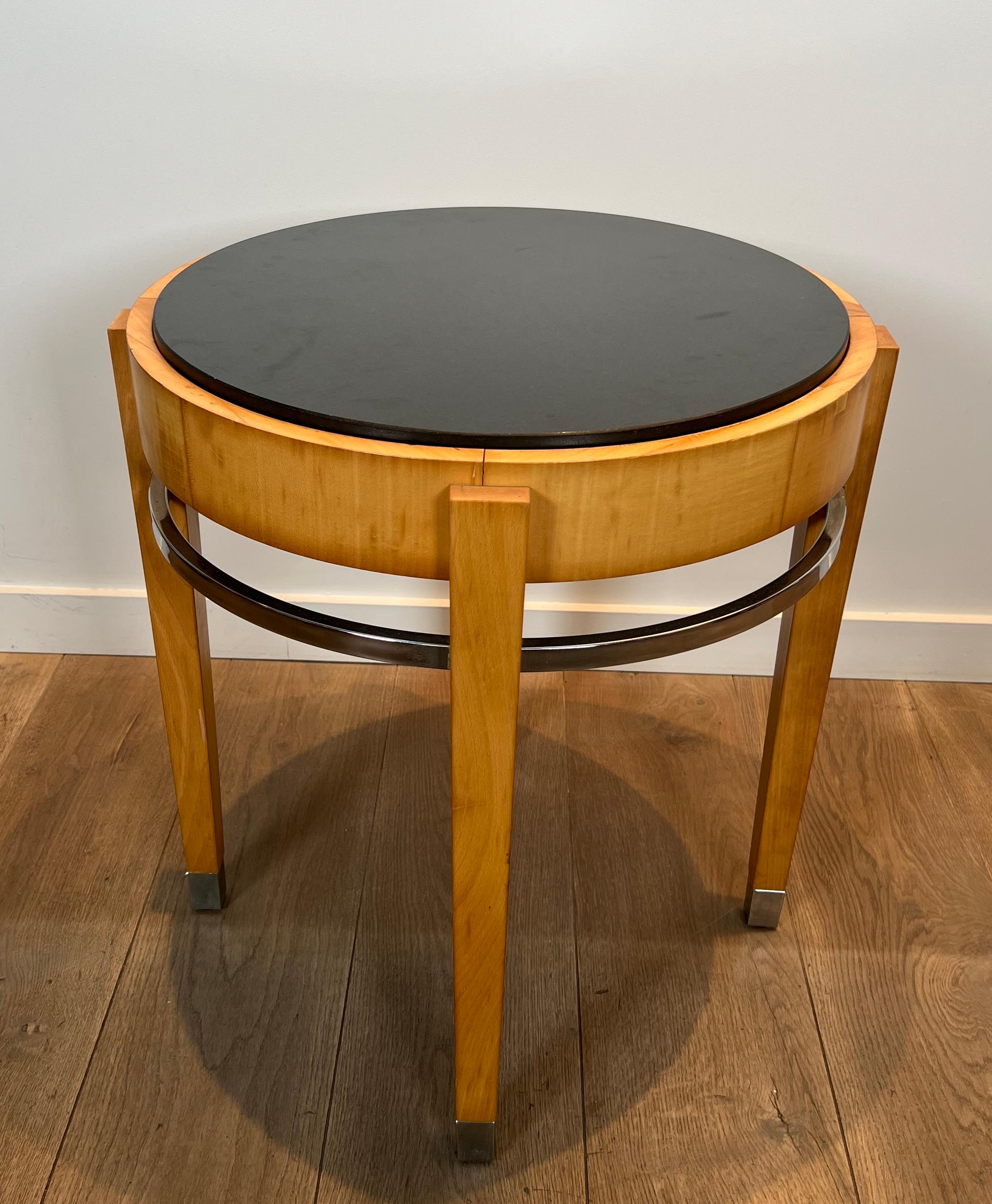 Mid-20th Century Sycamore Veneer and Chrome Pedestal Table with Marble Top For Sale