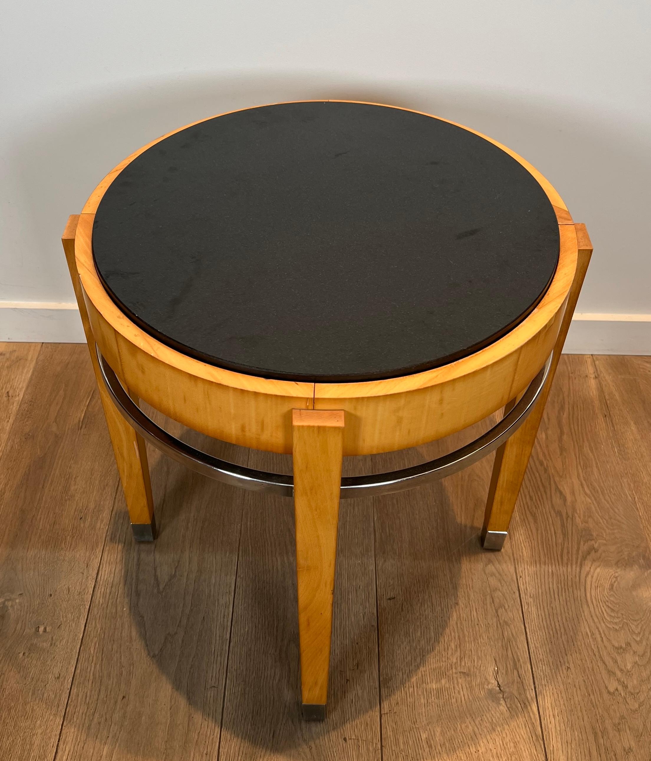 Sycamore Veneer and Chrome Pedestal Table with Marble Top For Sale 1