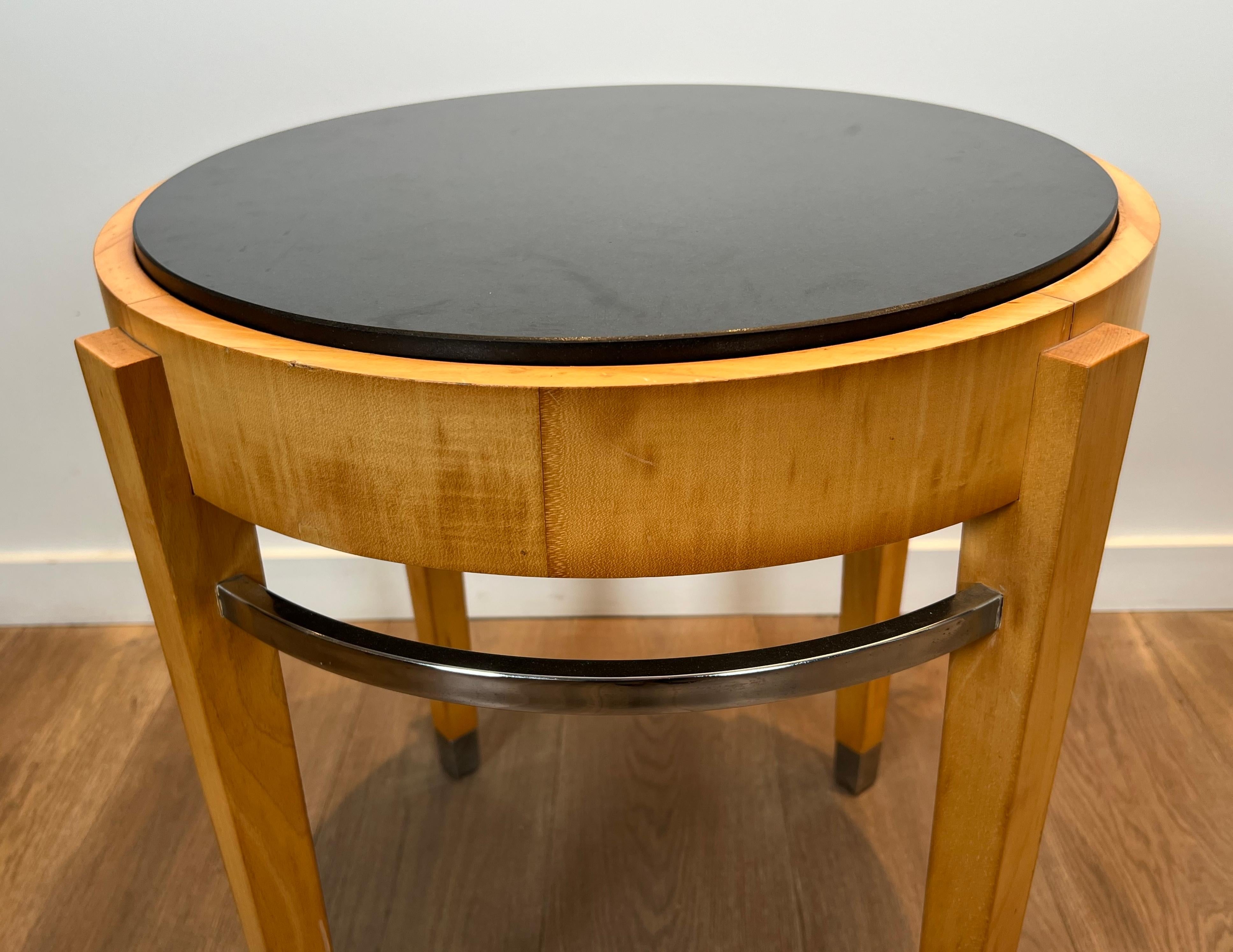 Sycamore Veneer and Chrome Pedestal Table with Marble Top For Sale 2