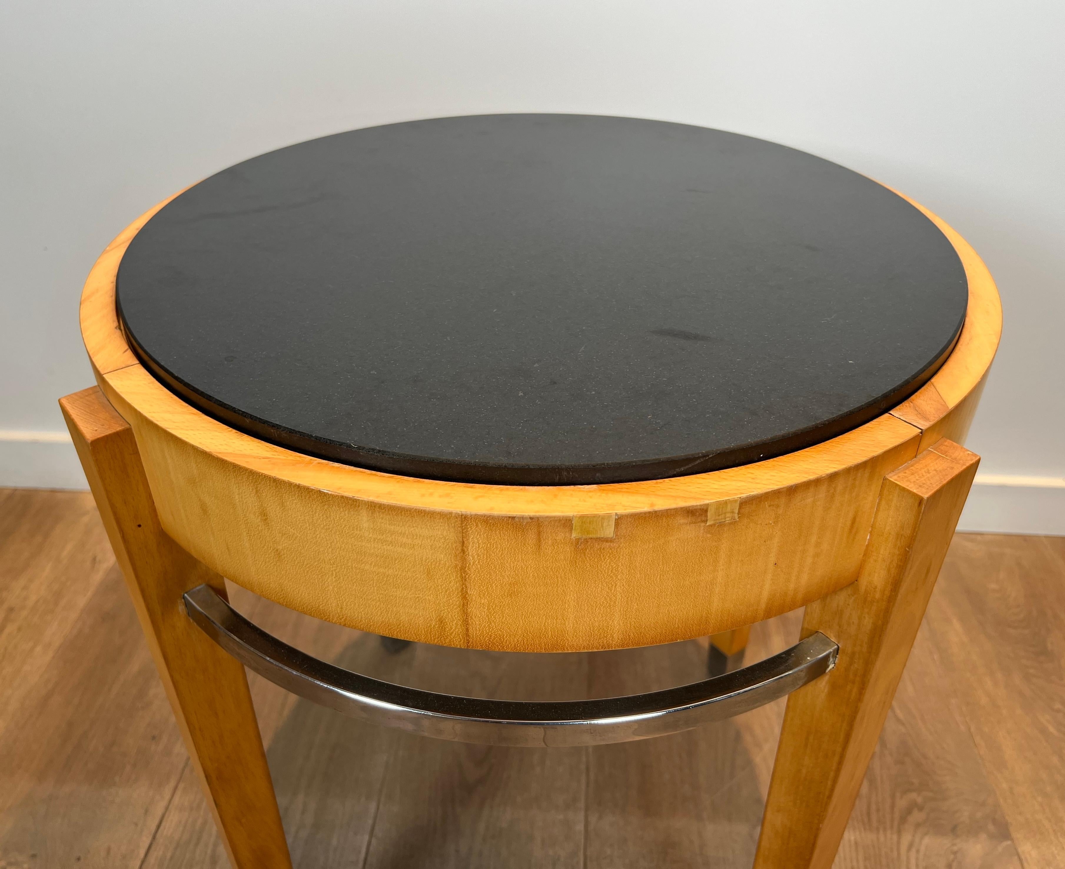 Sycamore Veneer and Chrome Pedestal Table with Marble Top For Sale 3