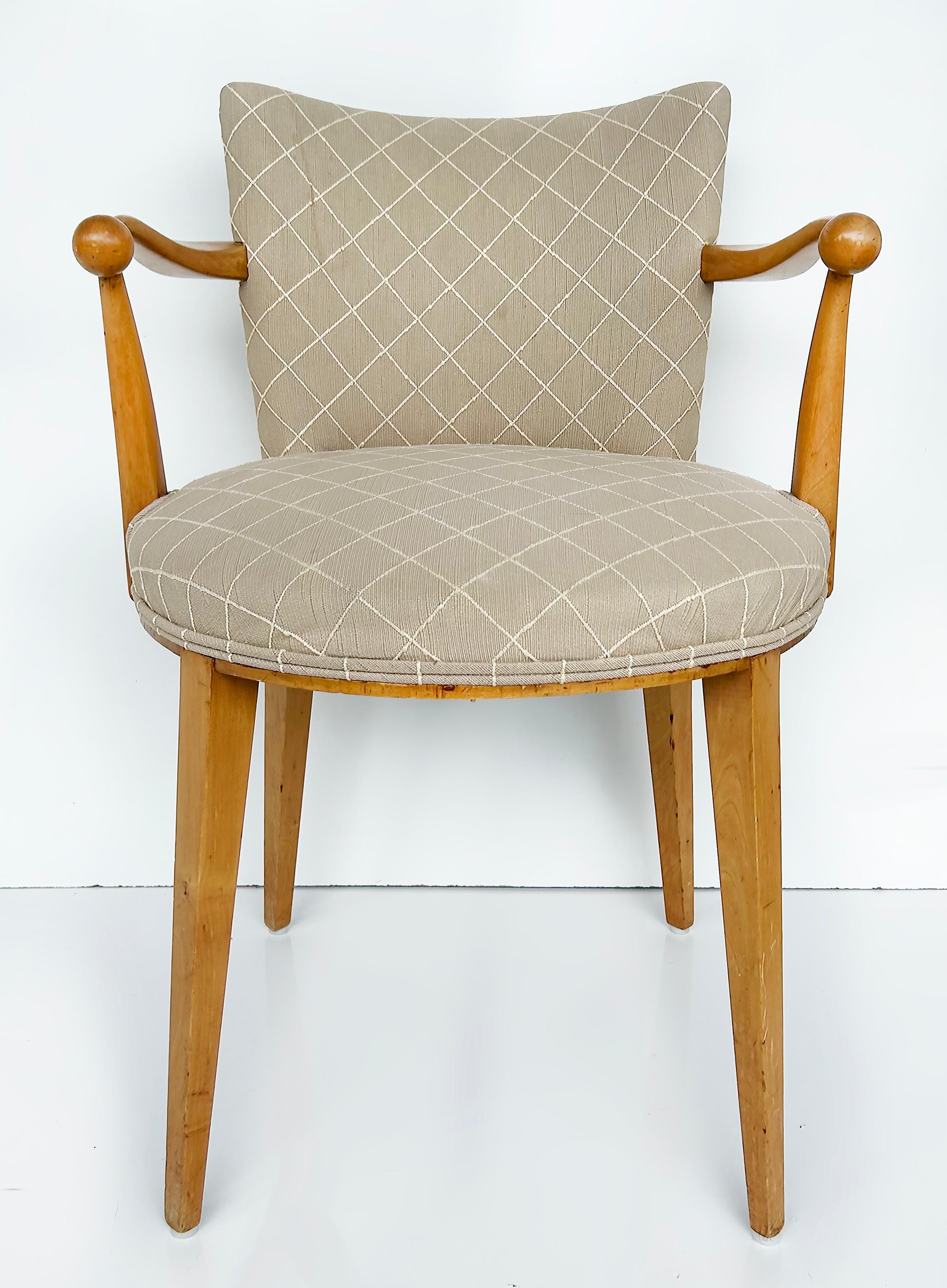 Mid-Century Modern Sycamore Wood Upholstered Vanity or Desk Chair with Stylized Wood Arms and Legs For Sale