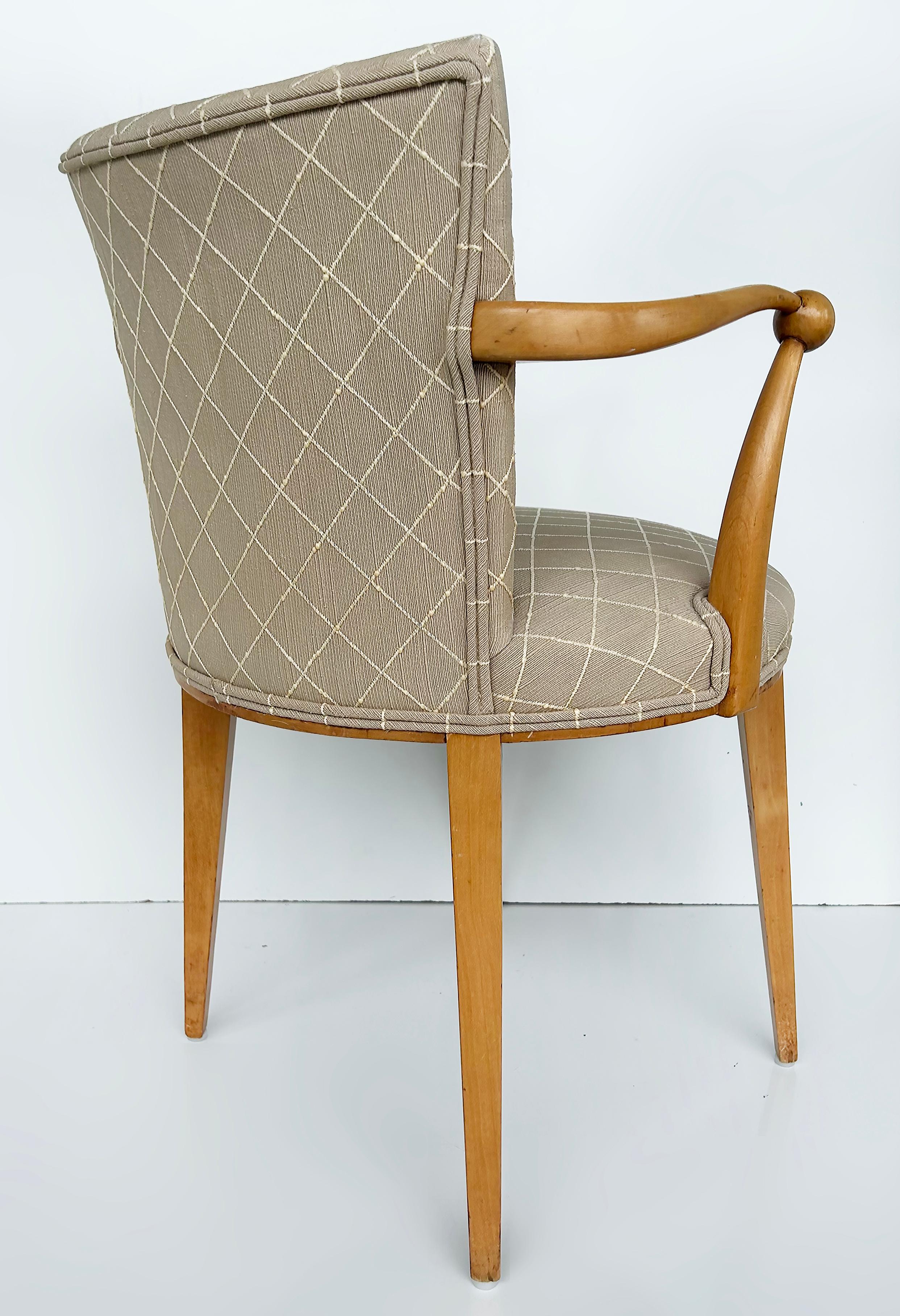 20th Century Sycamore Wood Upholstered Vanity or Desk Chair with Stylized Wood Arms and Legs For Sale