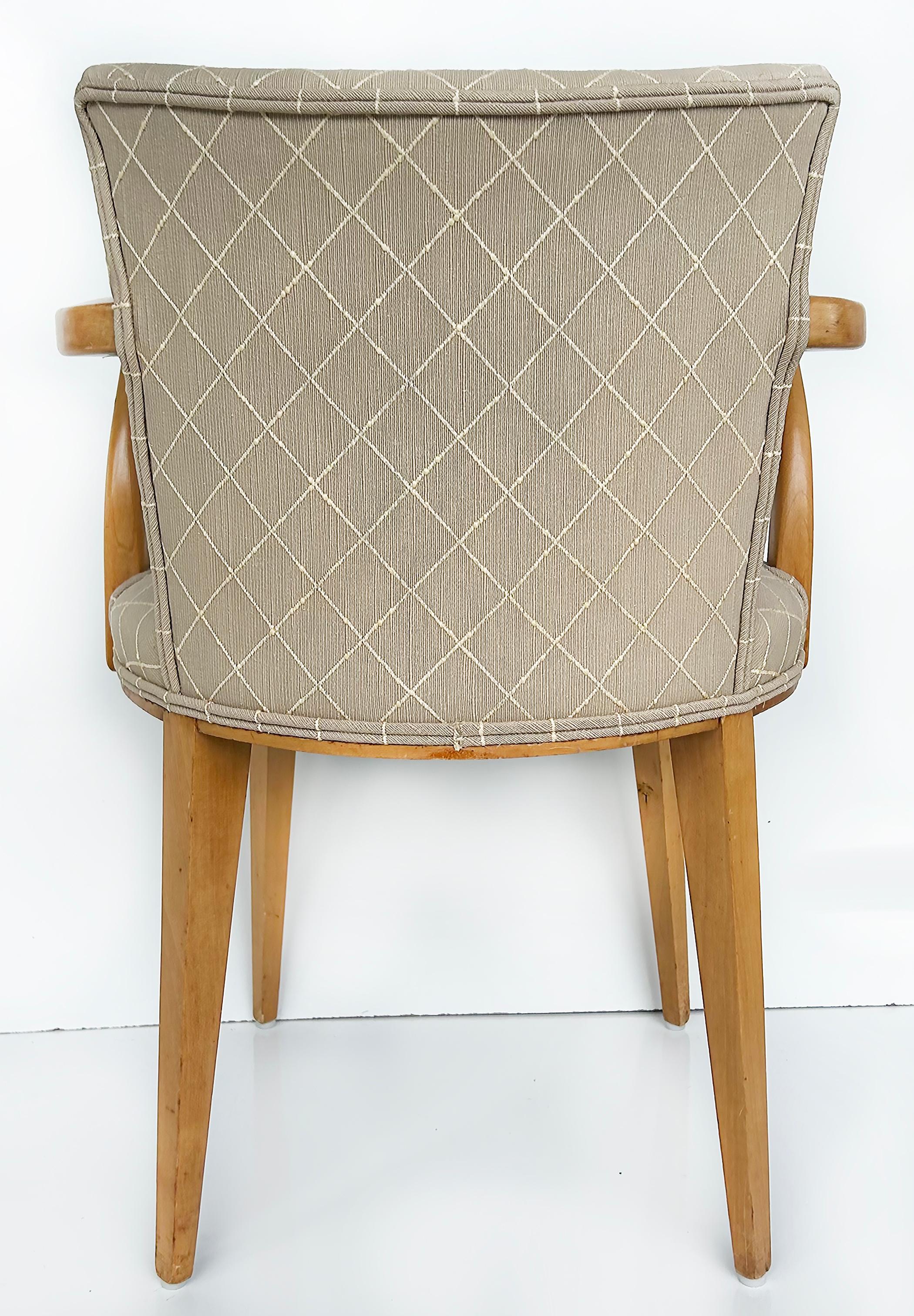 Fabric Sycamore Wood Upholstered Vanity or Desk Chair with Stylized Wood Arms and Legs For Sale