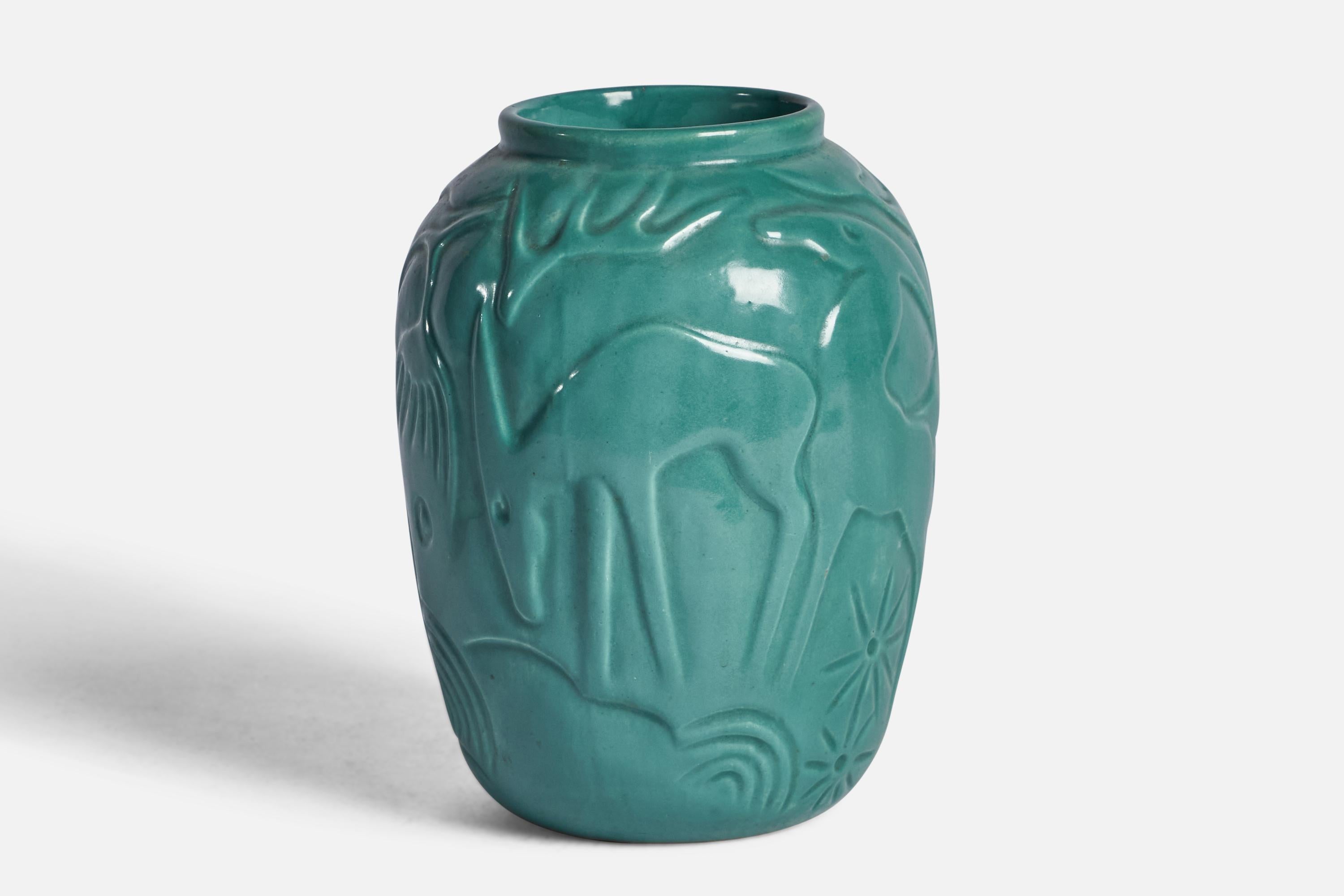 A green-glazed ceramic vase designed and produced by Syco Keramik, Sweden, c. 1930s.