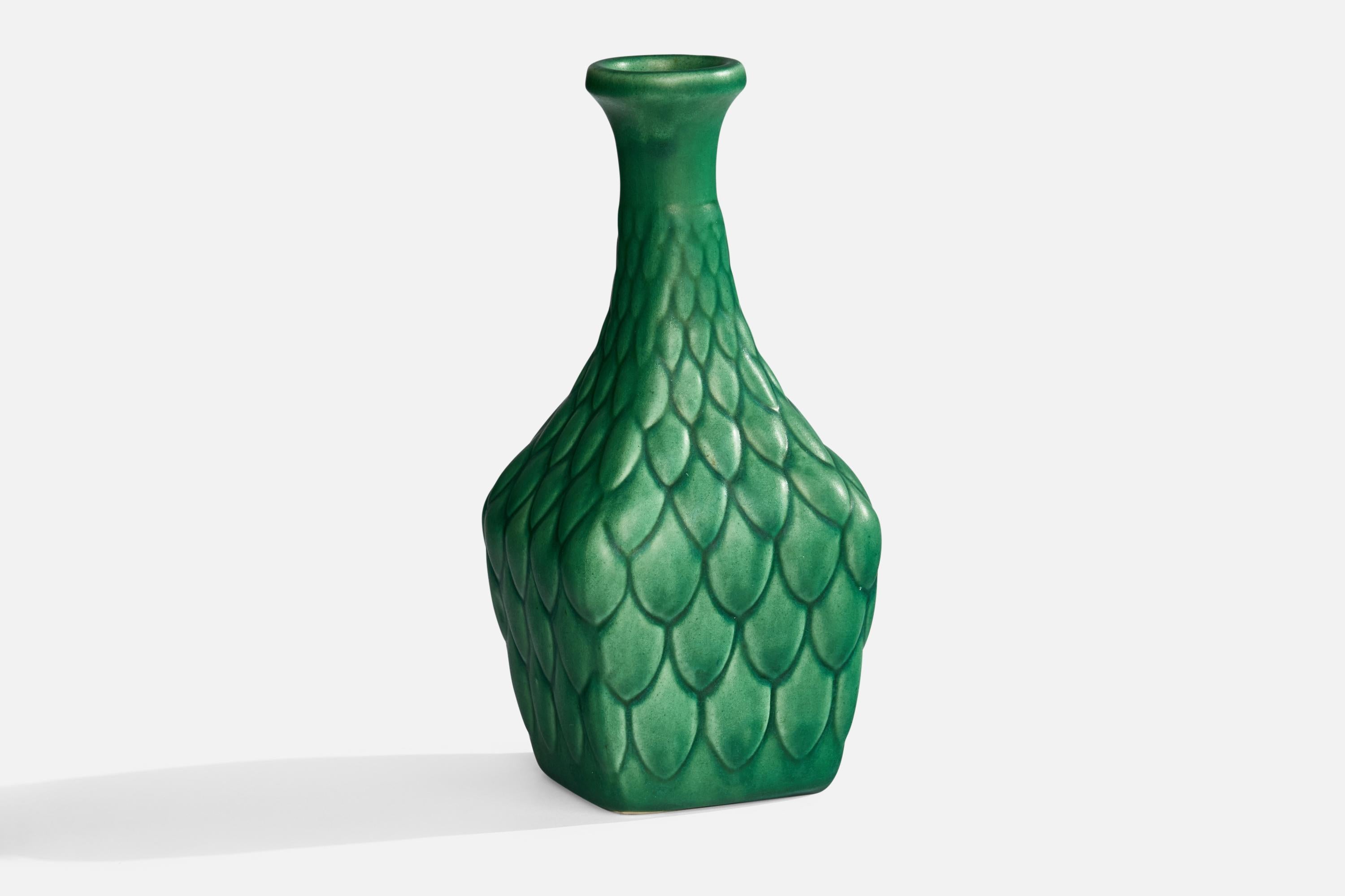 A green-glazed ceramic vase designed and produced by Syco Keramik, Sweden, c. 1930s.