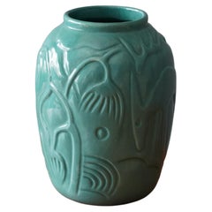 Syco Keramik, Vase, Green Glazed with Relief Motifs, Sweden, 1940s