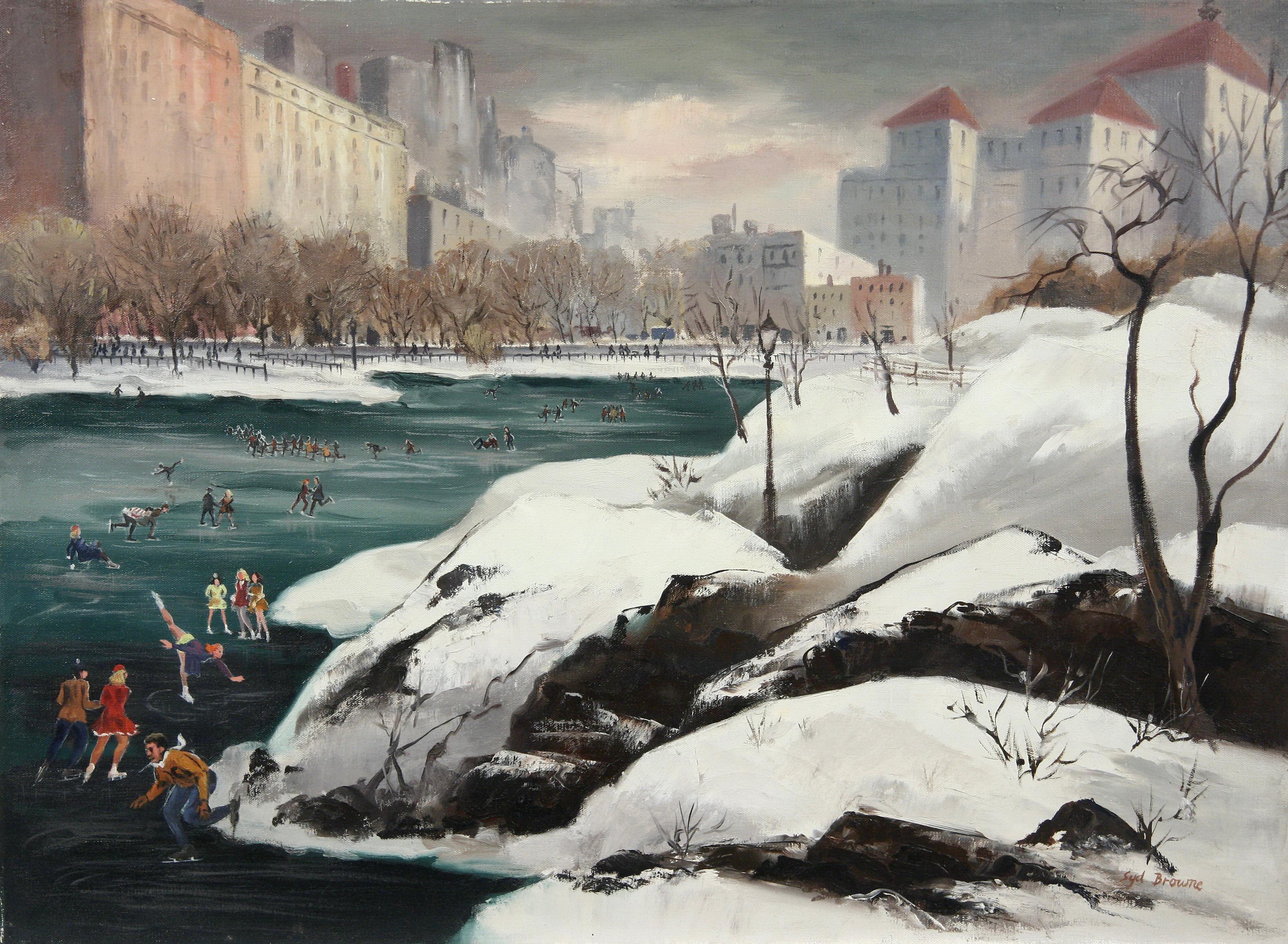 Figurative Painting di Syd Browne - "Pattinaggio su ghiaccio" Scena americana Realismo sociale Epoca WPA Metà del XX secolo Moderno NYC