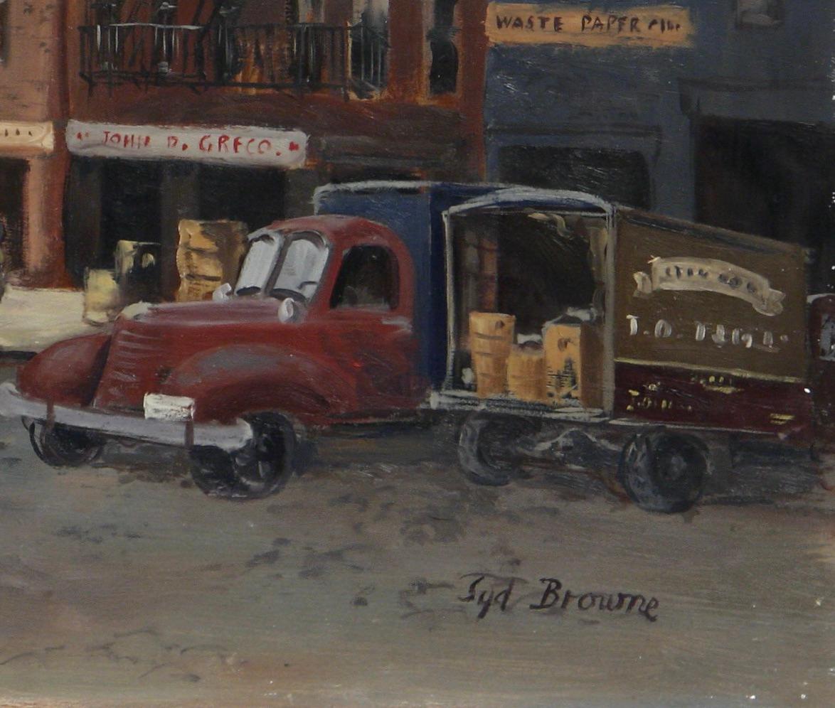 „Lower Manhattan“ Amerikanische Szene Sozialrealismus WPA-Ära Mitte des 20. Jahrhunderts Moderne – Painting von Syd Browne