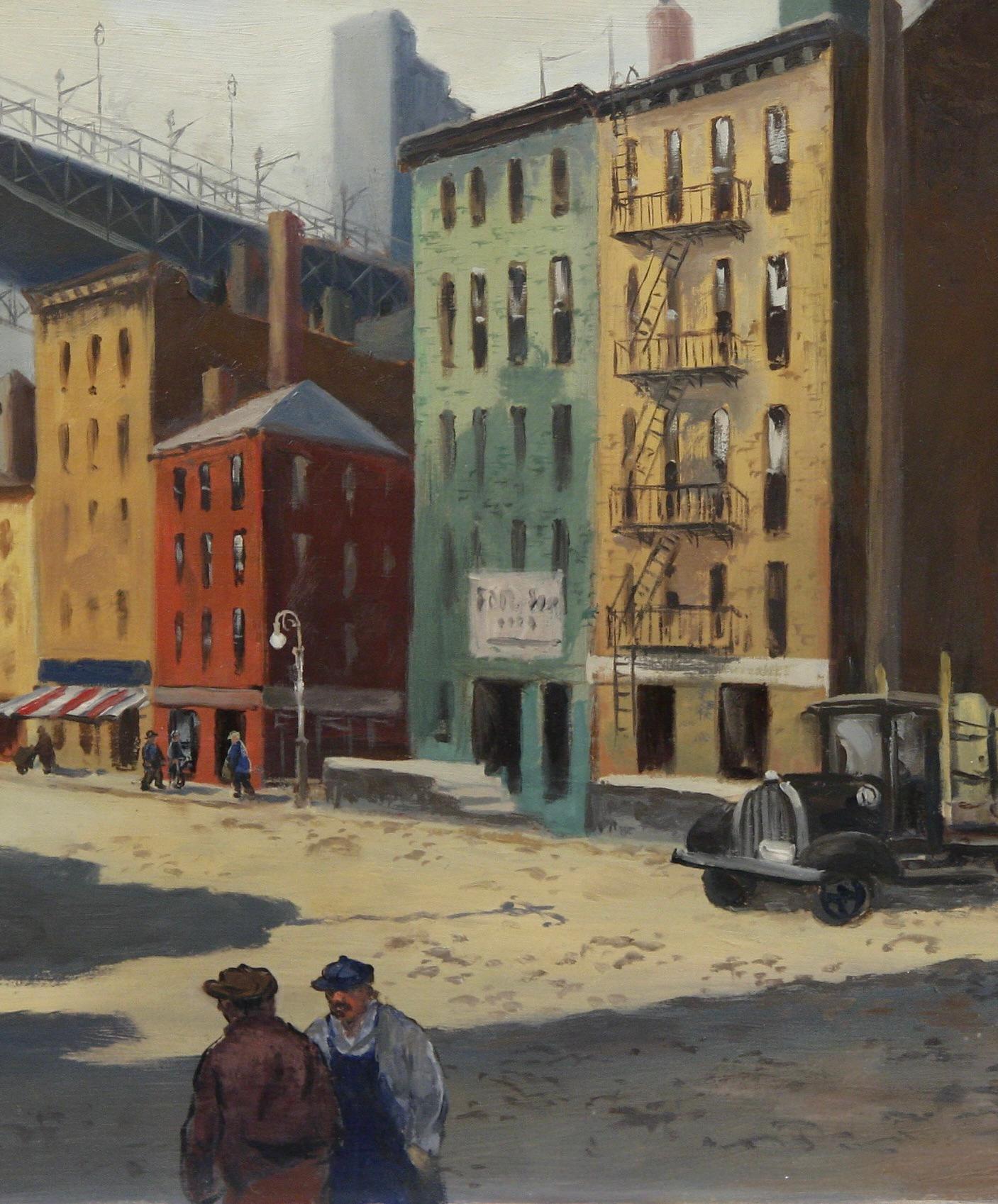 „Lower Manhattan“ Amerikanische Szene Sozialrealismus WPA-Ära Mitte des 20. Jahrhunderts Moderne (Amerikanischer Realismus), Painting, von Syd Browne