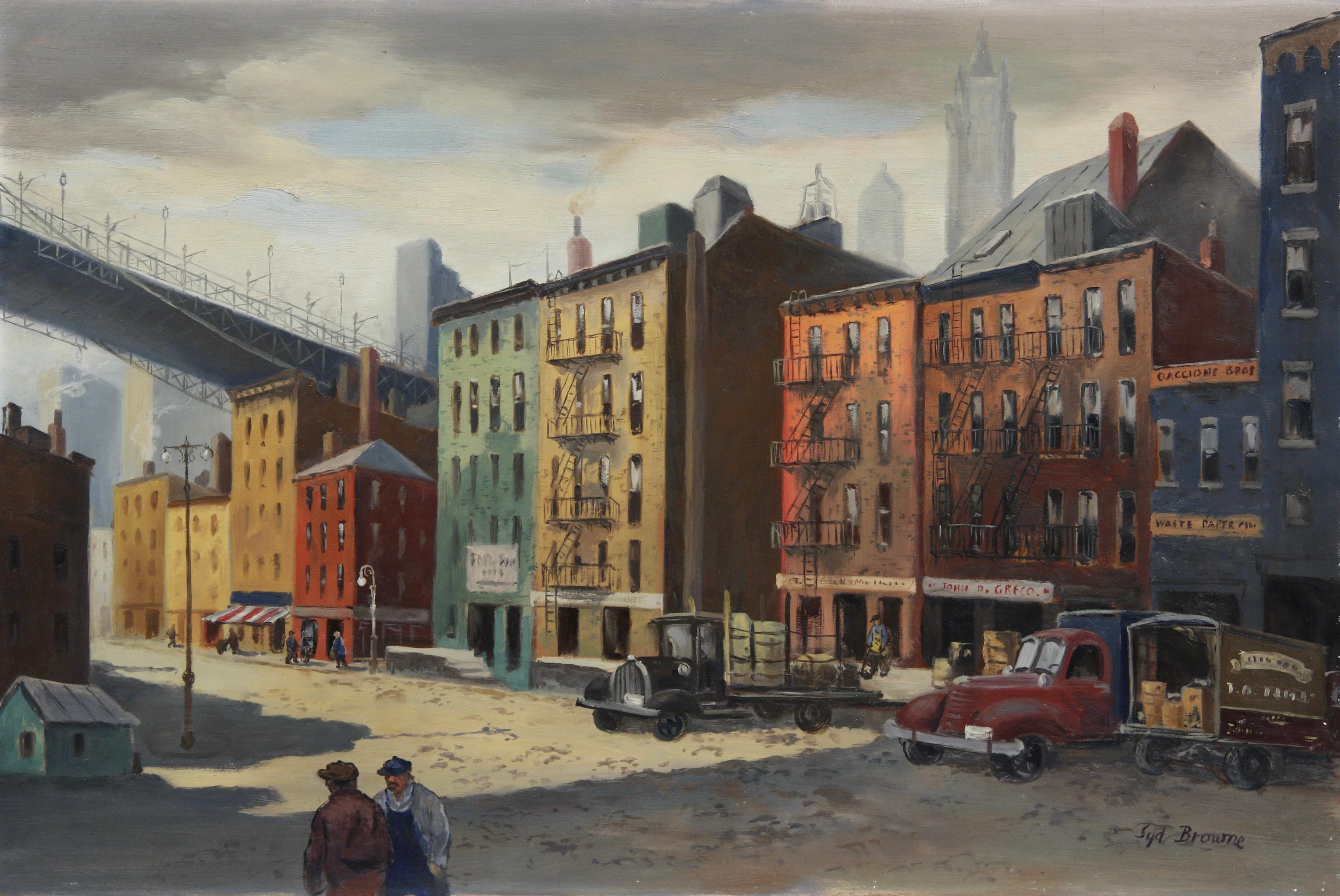 Syd Browne Figurative Painting – „Lower Manhattan“ Amerikanische Szene Sozialrealismus WPA-Ära Mitte des 20. Jahrhunderts Moderne