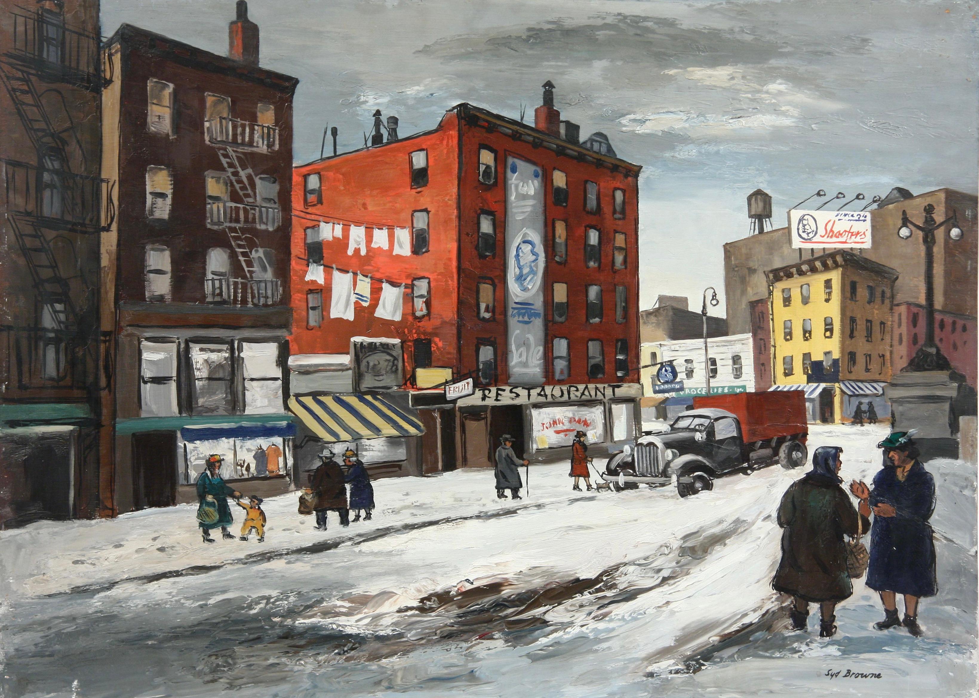 "Snowy City Scene" American Scene Social Realism WPA Era Mid-20th Century Modern