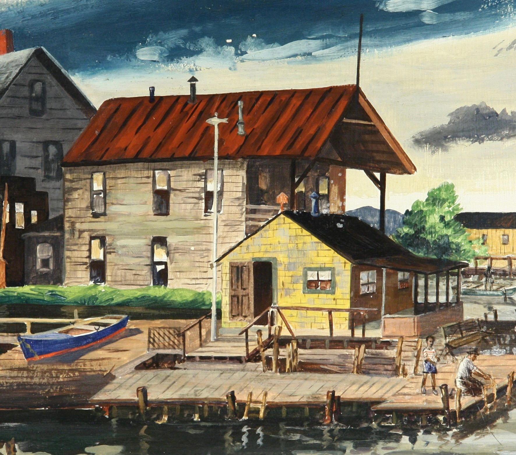 « Summer Pier Fishing » Réalisme social américain WPA Mid-20th Century Modern - Painting de Syd Browne