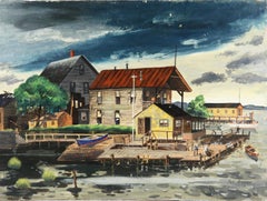 "Pesca en el muelle en verano" Escena americana Realismo social WPA Moderna de mediados del siglo XX