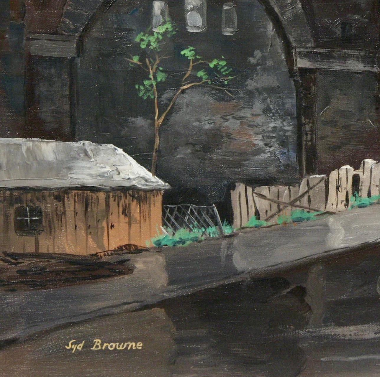 Bajo el viaducto Escena americana Realismo social Época WPA Moderna de mediados del siglo XX - Painting realista estadounidense de Syd Browne