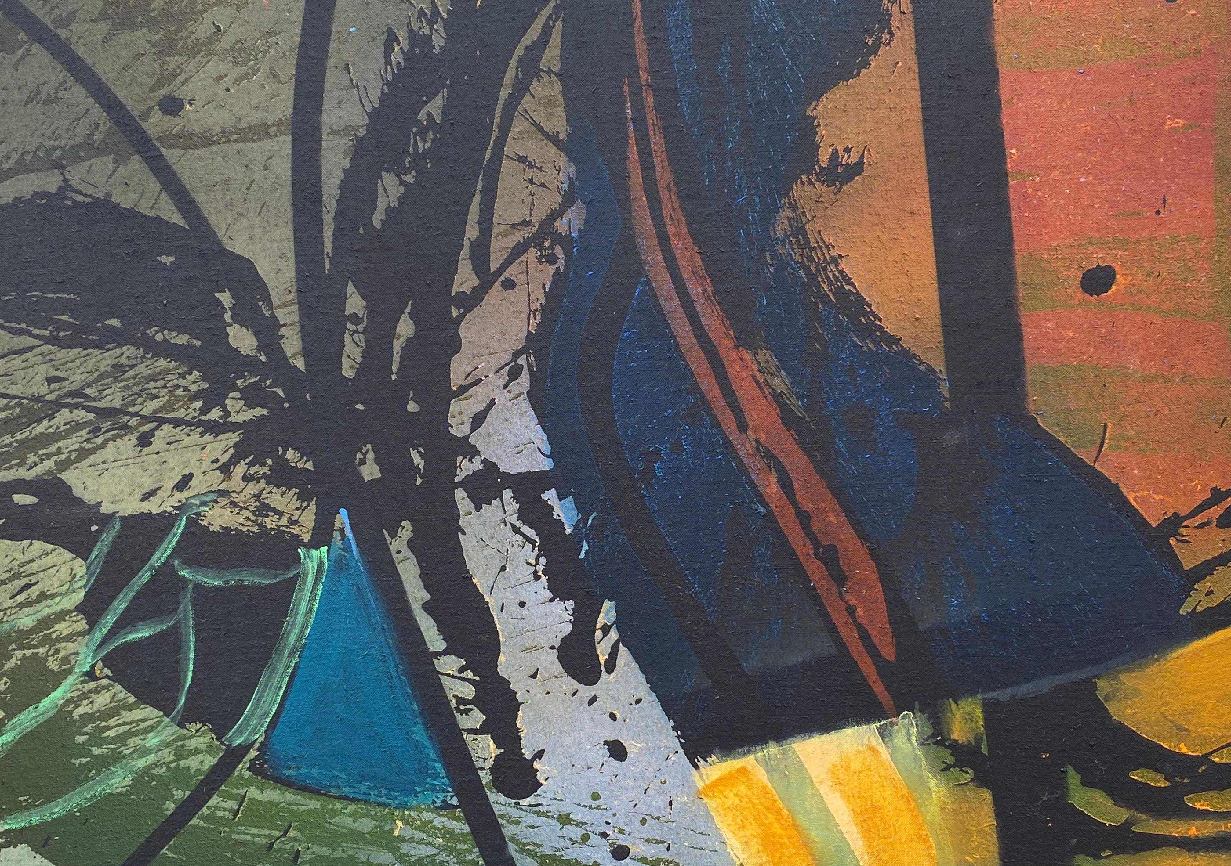 Original, Ölfarbe und Acrylfarbe auf Leinwand von dem bekannten amerikanischen Künstler Syd Solomon.  Signiert unten in der Mitte vom Künstler. Verso betitelt und datiert 1983. Der Zustand ist ausgezeichnet. Original-Galerie-Schweberahmen. Die