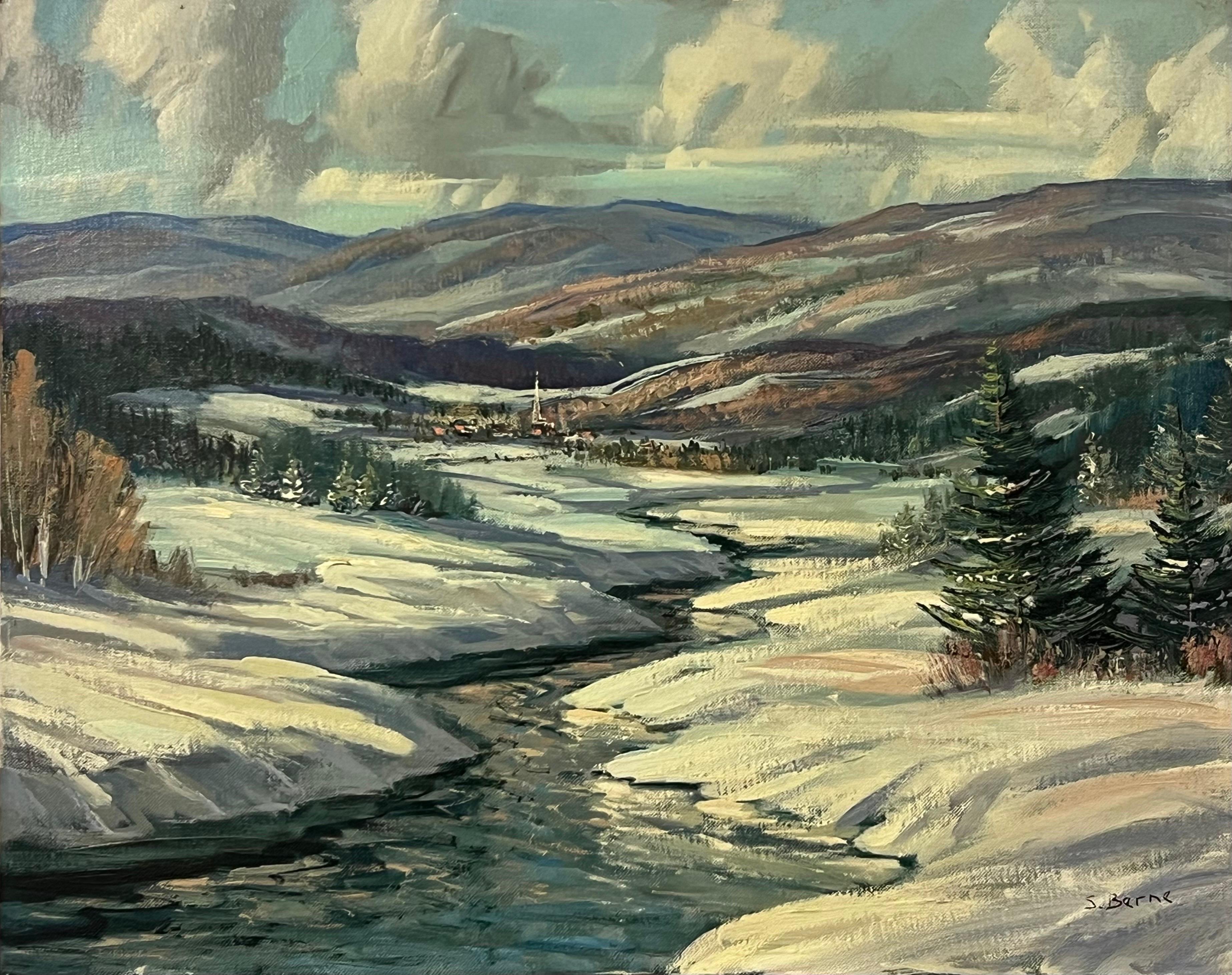 Vintage By Winter Snowy Mountain River Landscape Oil Painting von La Rivière du Nord in Kanada, von 20th Century Canadian Artist, Sydney Berne (1921-2013). 

Kunst misst 20 x 16 Zoll 
Rahmen misst 26 x 22 Zoll 

Vintage 1970's Original, Öl auf