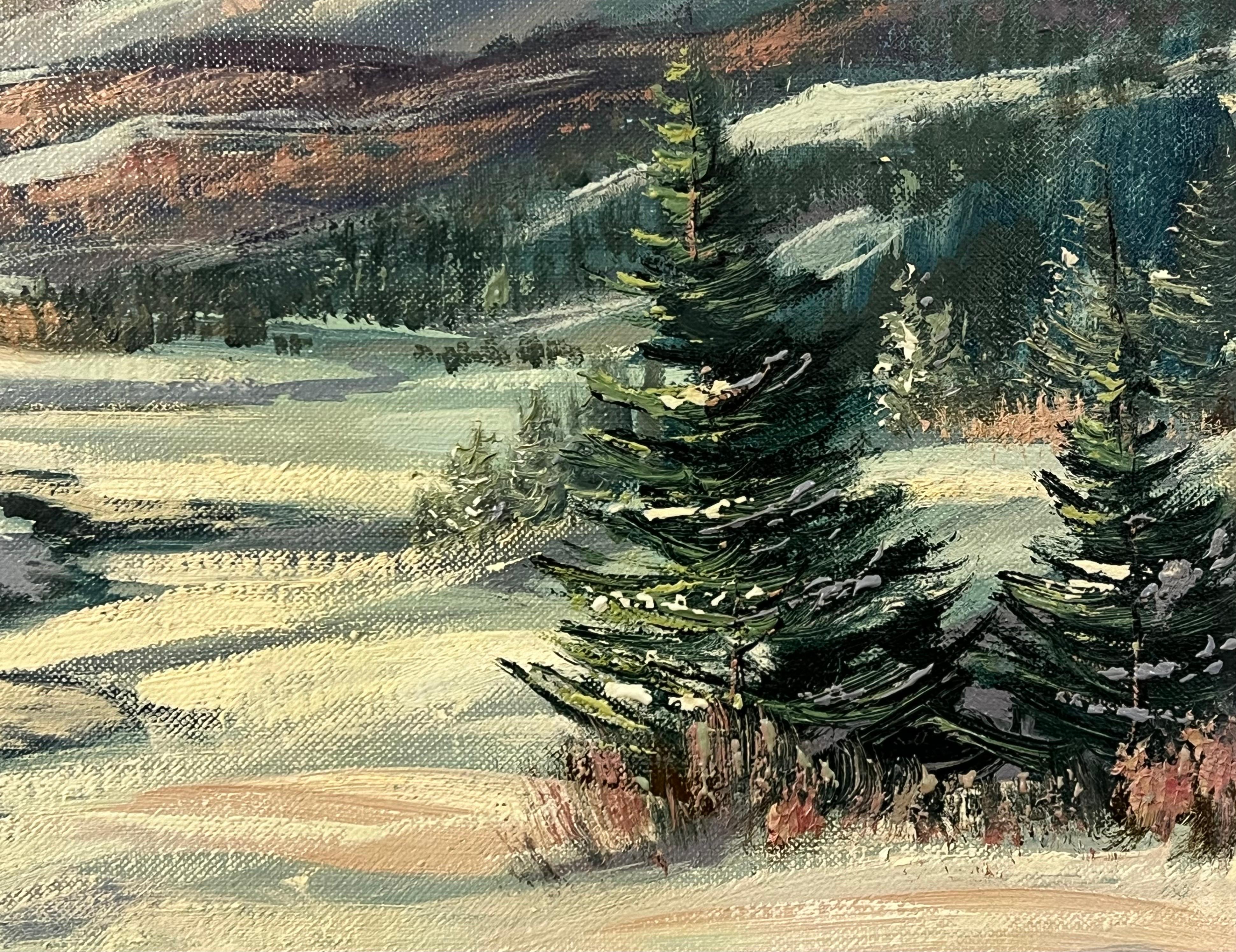 Vintage Winter Snowy River Mountain Landscape of Canada by 20th Century Artist For Sale 2