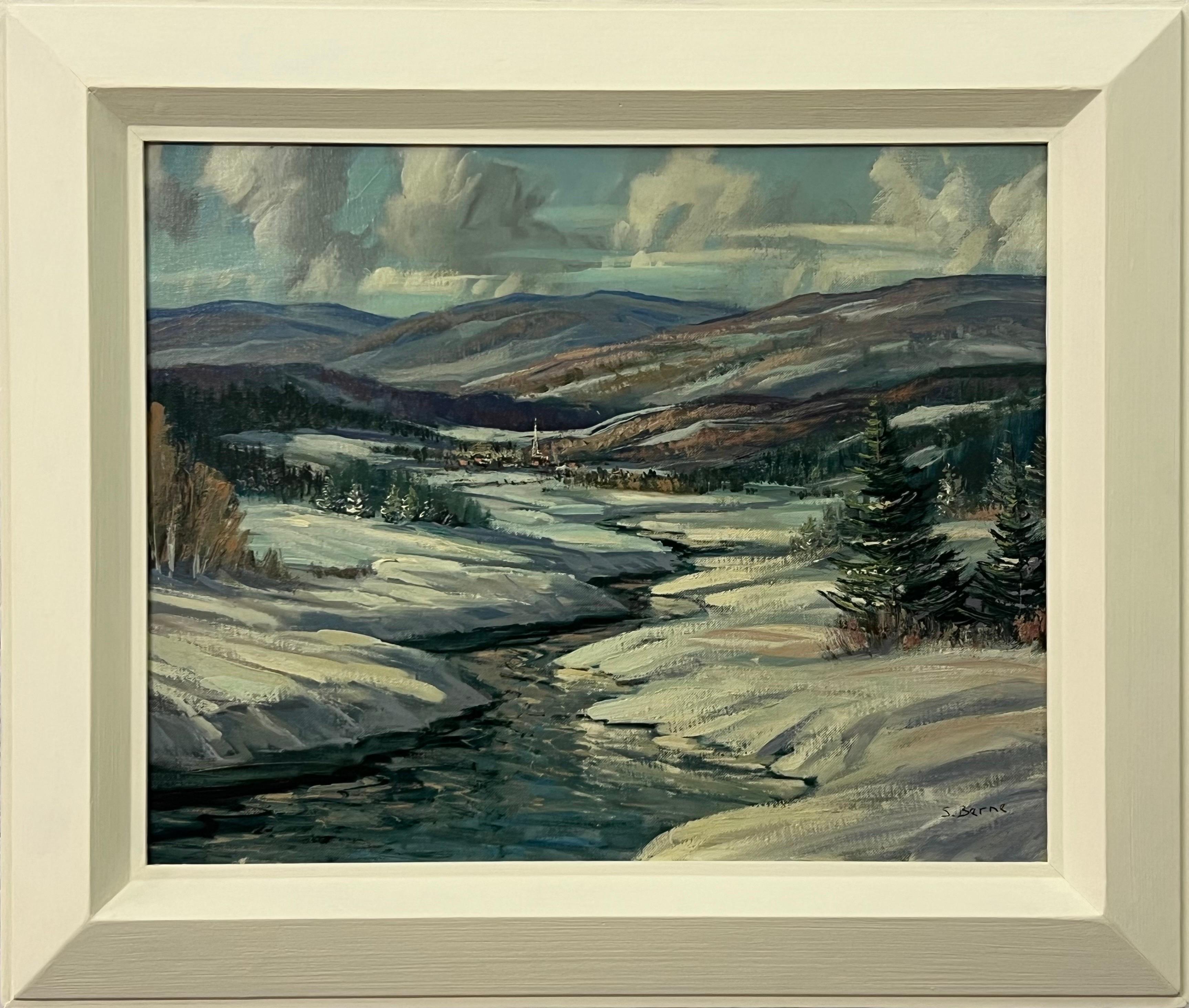 Sydney Berne Figurative Painting – Winter Schneewittchen- Fluss-Gebirge-Landschaft Kanadas von Künstler aus dem 20. Jahrhundert