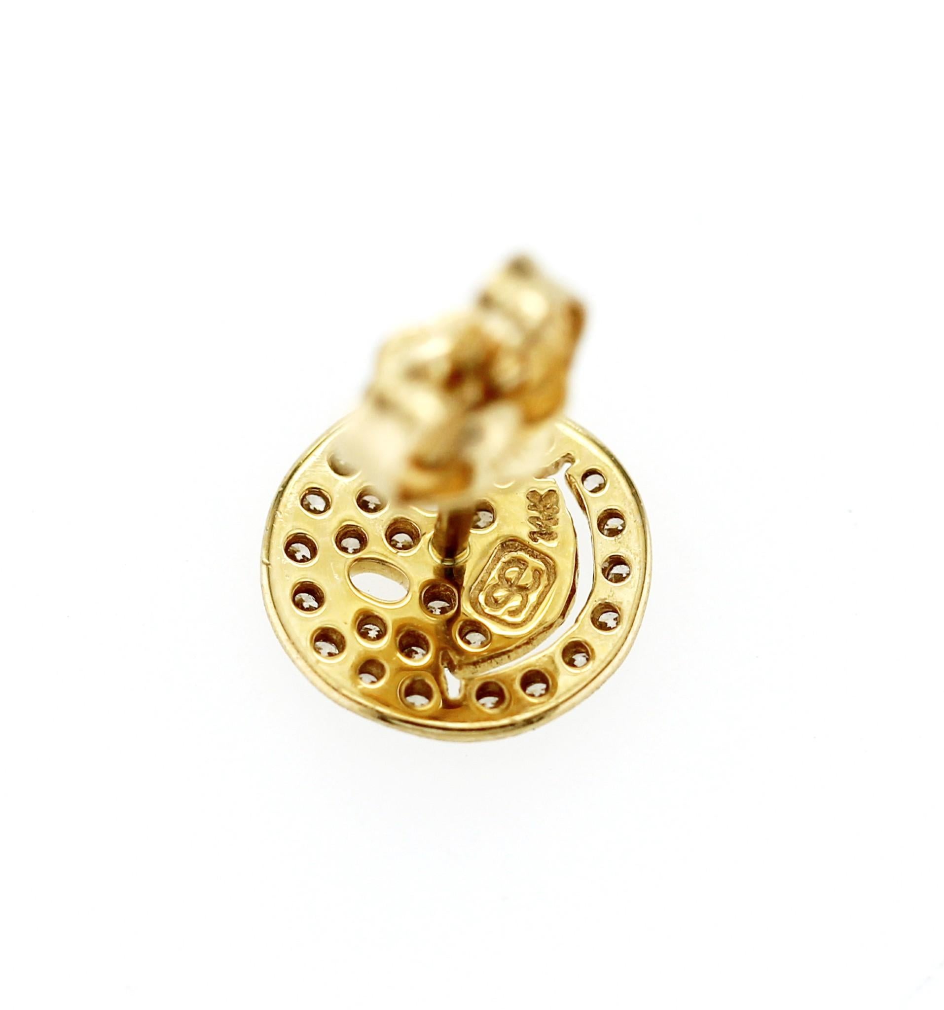 Round Cut Sydney Evan 14K Yellow Gold Pave Diamond Happy Face Single Stud Earrings For Sale