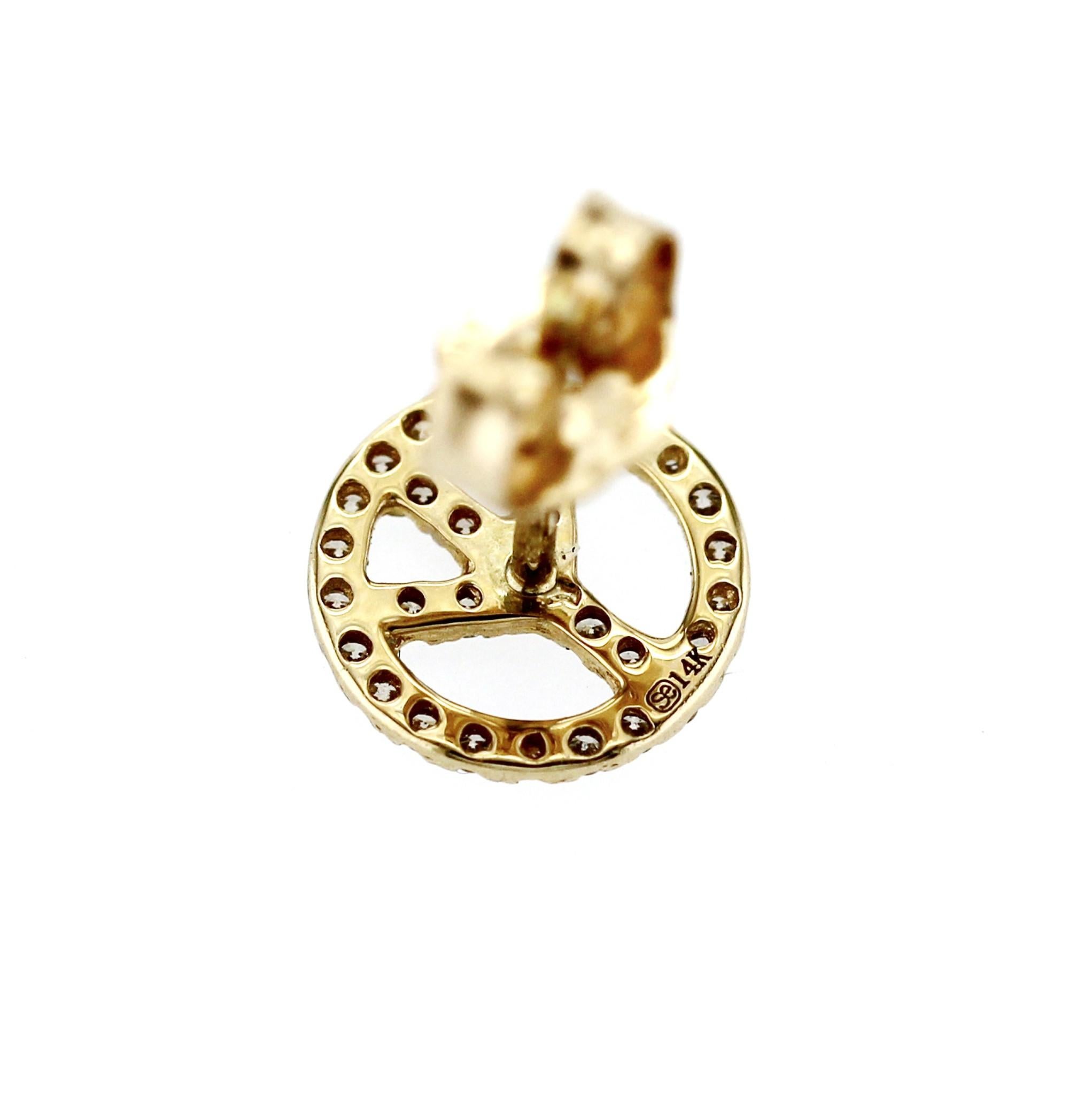 Round Cut Sydney Evan 14K Yellow Gold Pave Diamond Peace Sign Single Stud Earrings For Sale