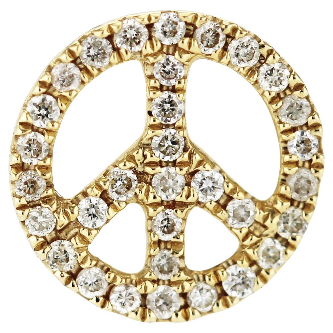 Sydney Evan 14K Yellow Gold Pave Diamond Peace Sign Single Stud Earrings For Sale