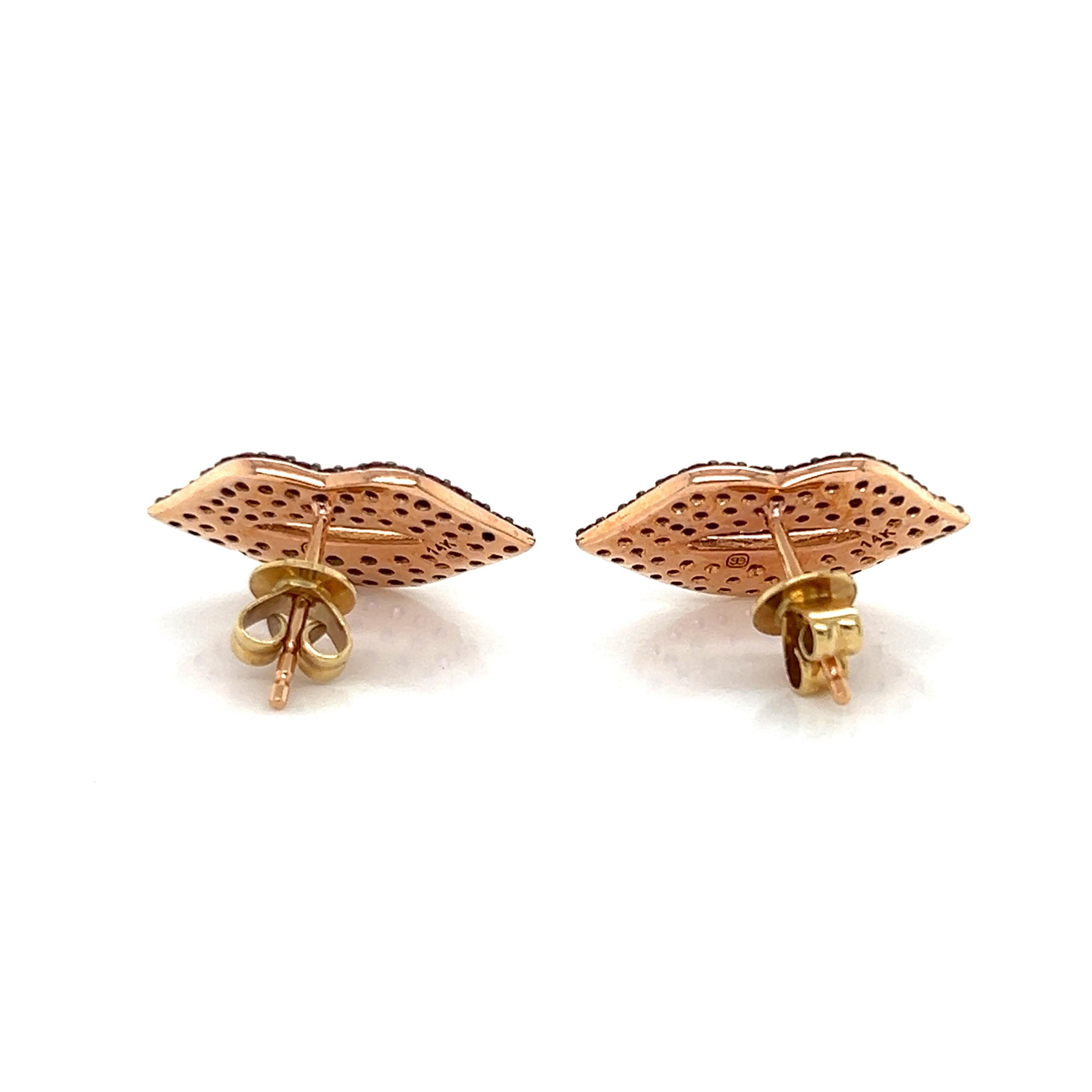 De las mujeres Pendientes Labios Sydney Evan de oro rosa de 14k con rubíes en venta
