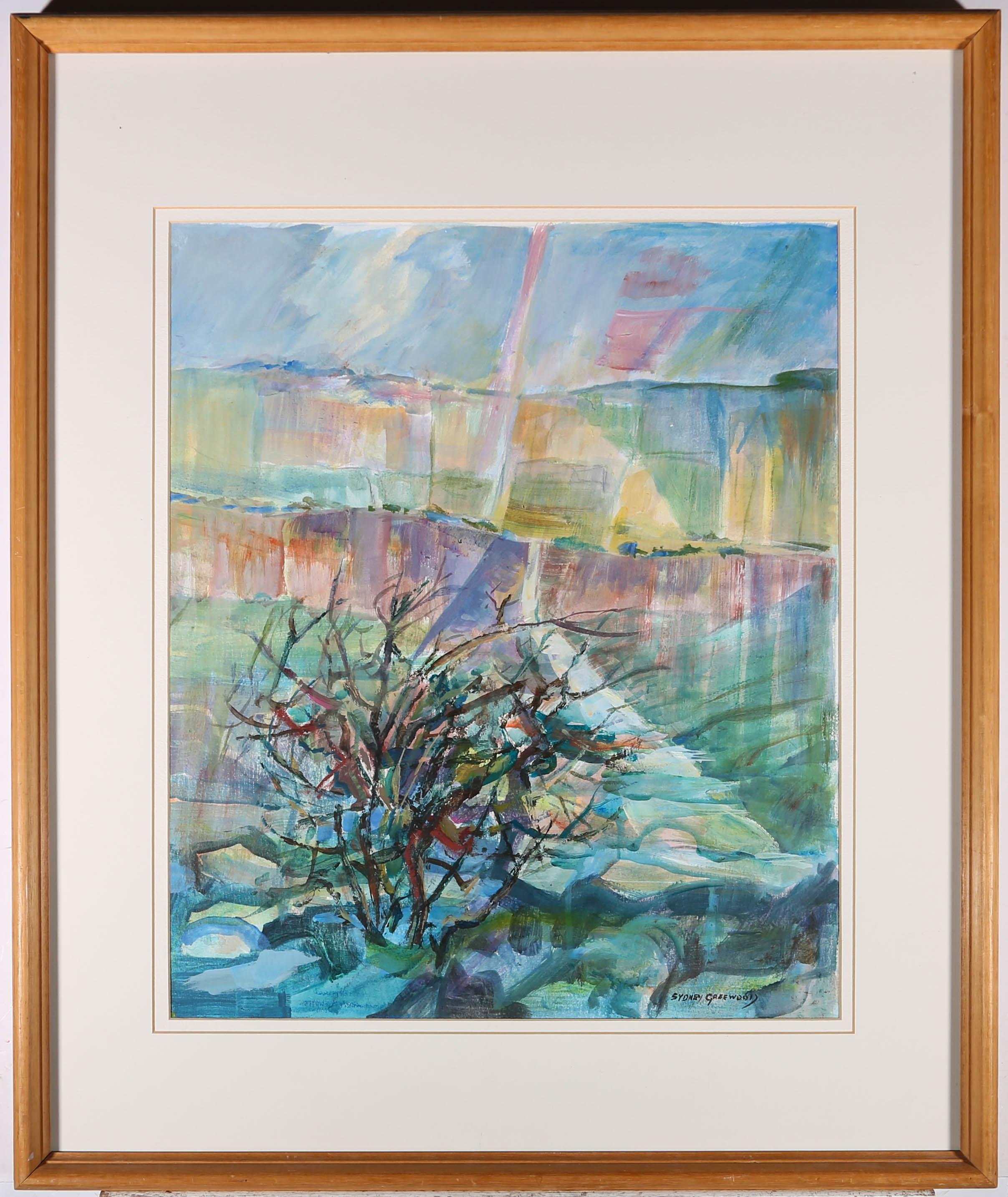 A vibrant and gestural landscape in pastel toned acrylics, showing a windswept, stark tree, silhouetted against the soft landscape. The artist has signed to the lower right corner and the painting has been presented in a pine frame with layered