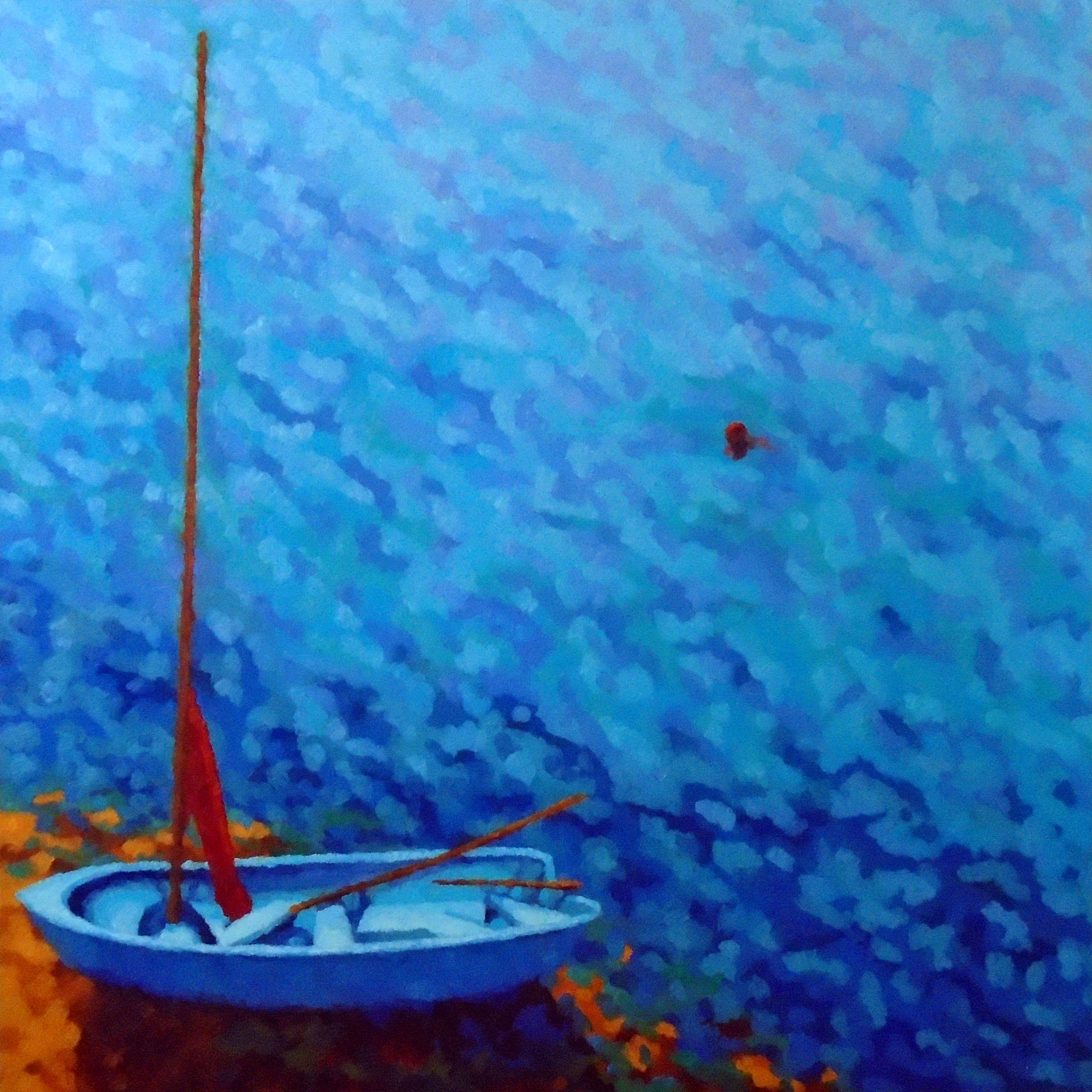 Sapphire blue water sparkles into the distance. Pack a picnic and be ready. "A sailor is an artist whose medium is the wind." (Webb Chiles)... dream your space into reality... gallery-wrapped canvas, jumbo stretchers. (stapled on back.) :: Painting