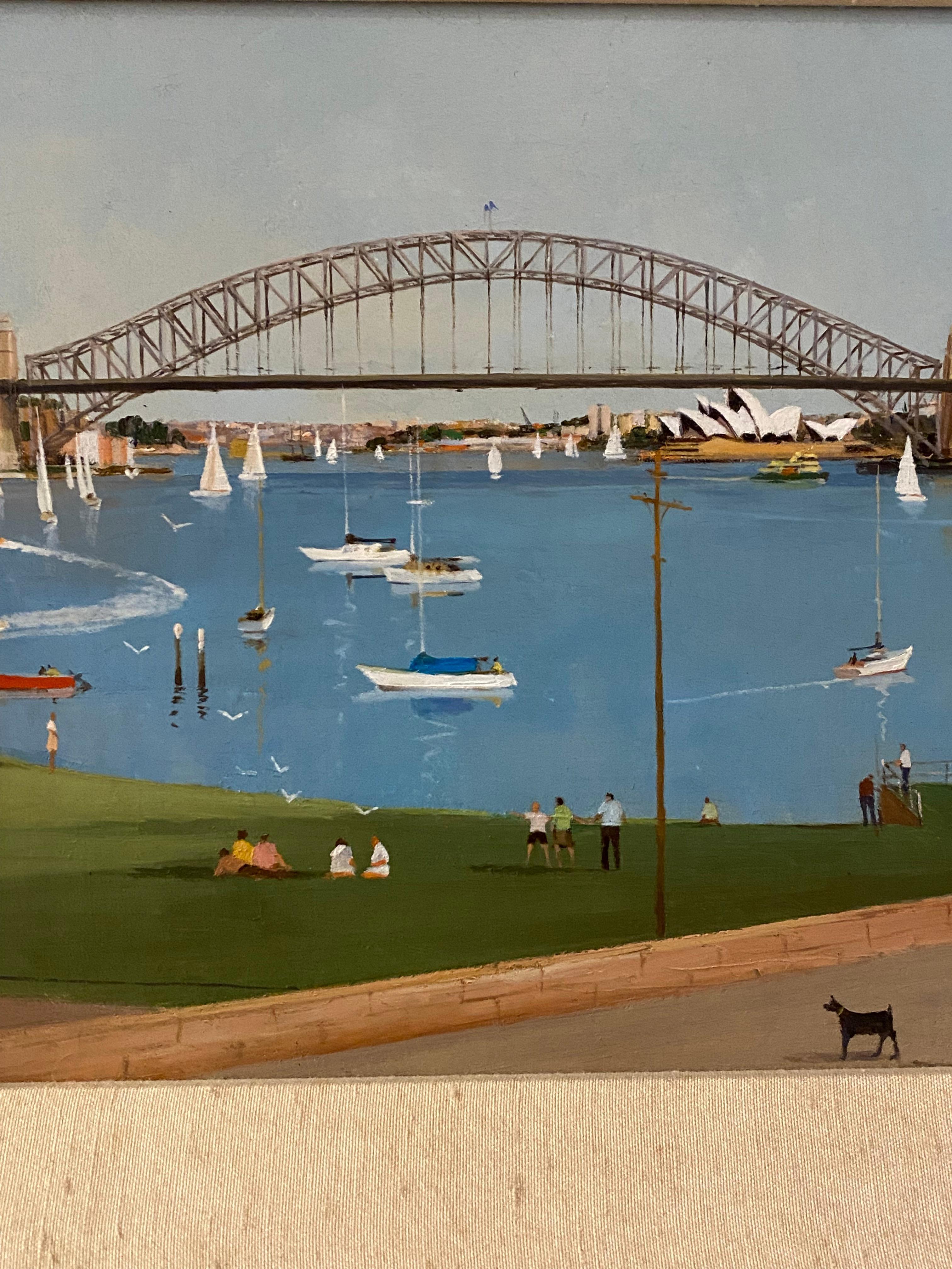 Sydney Harbour Scene, Ric Elliot (English 1933 - 1995) Oil on Board Painting For Sale 1