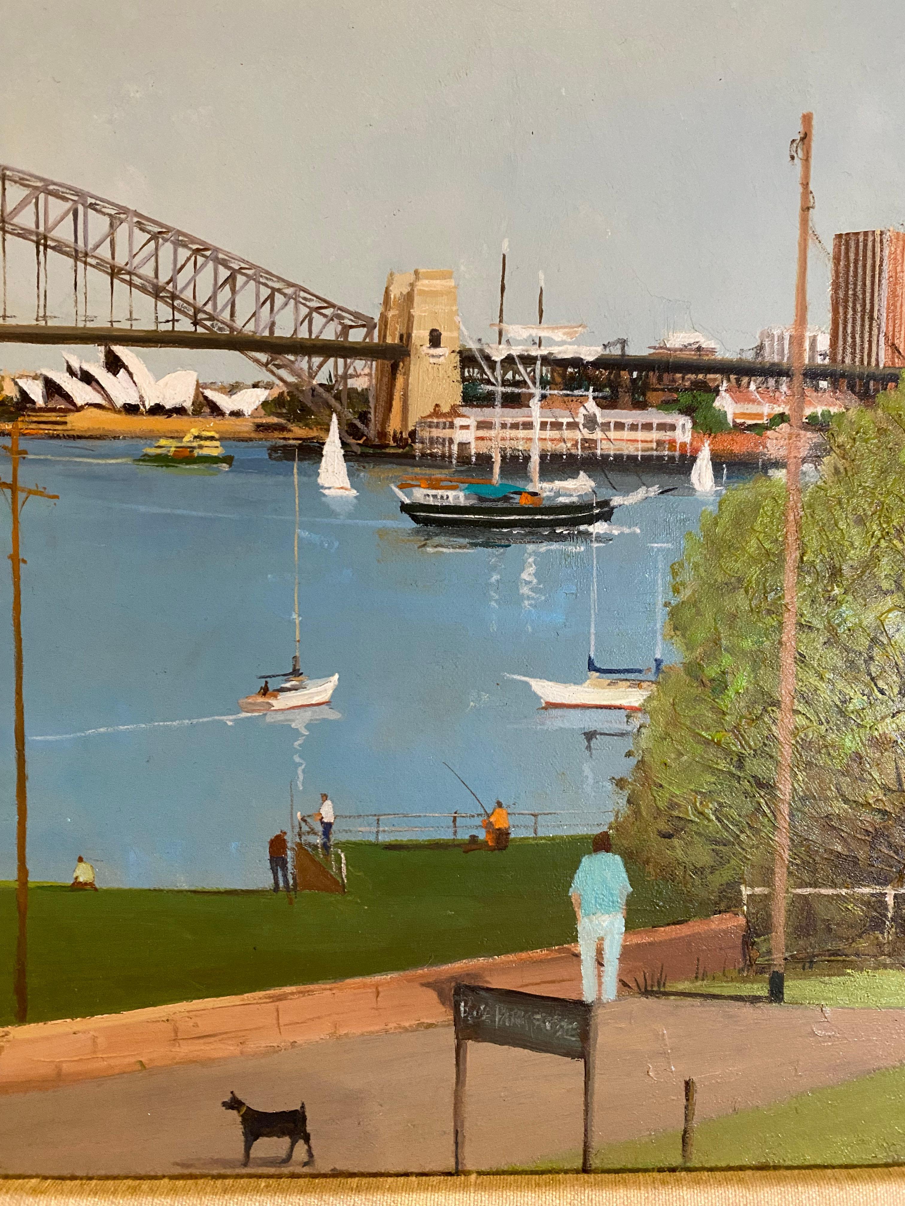 Sydney Harbour Scene, Ric Elliot (English 1933 - 1995) Oil on Board Painting For Sale 3