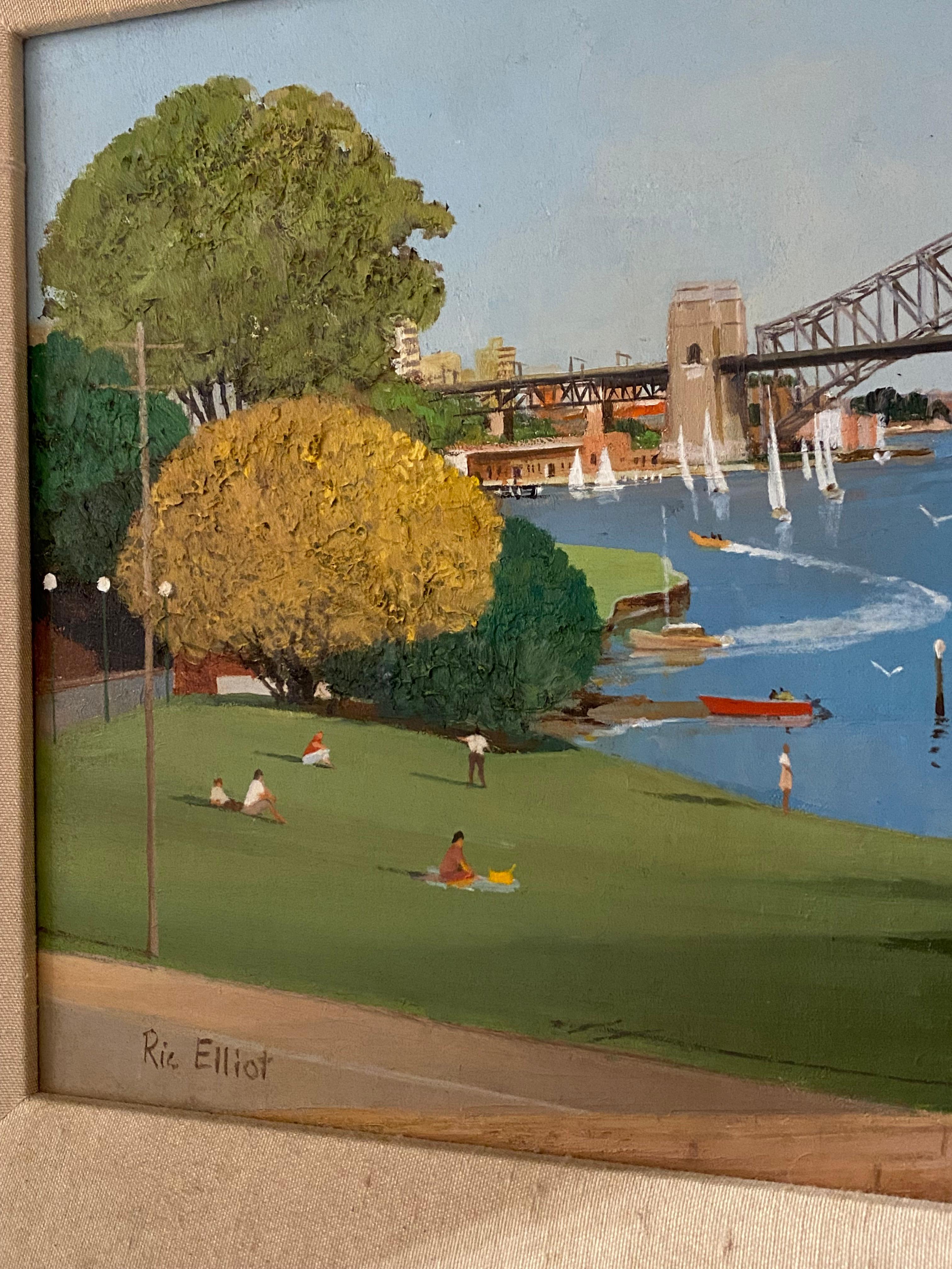 Women's or Men's Sydney Harbour Scene, Ric Elliot (English 1933 - 1995) Oil on Board Painting For Sale