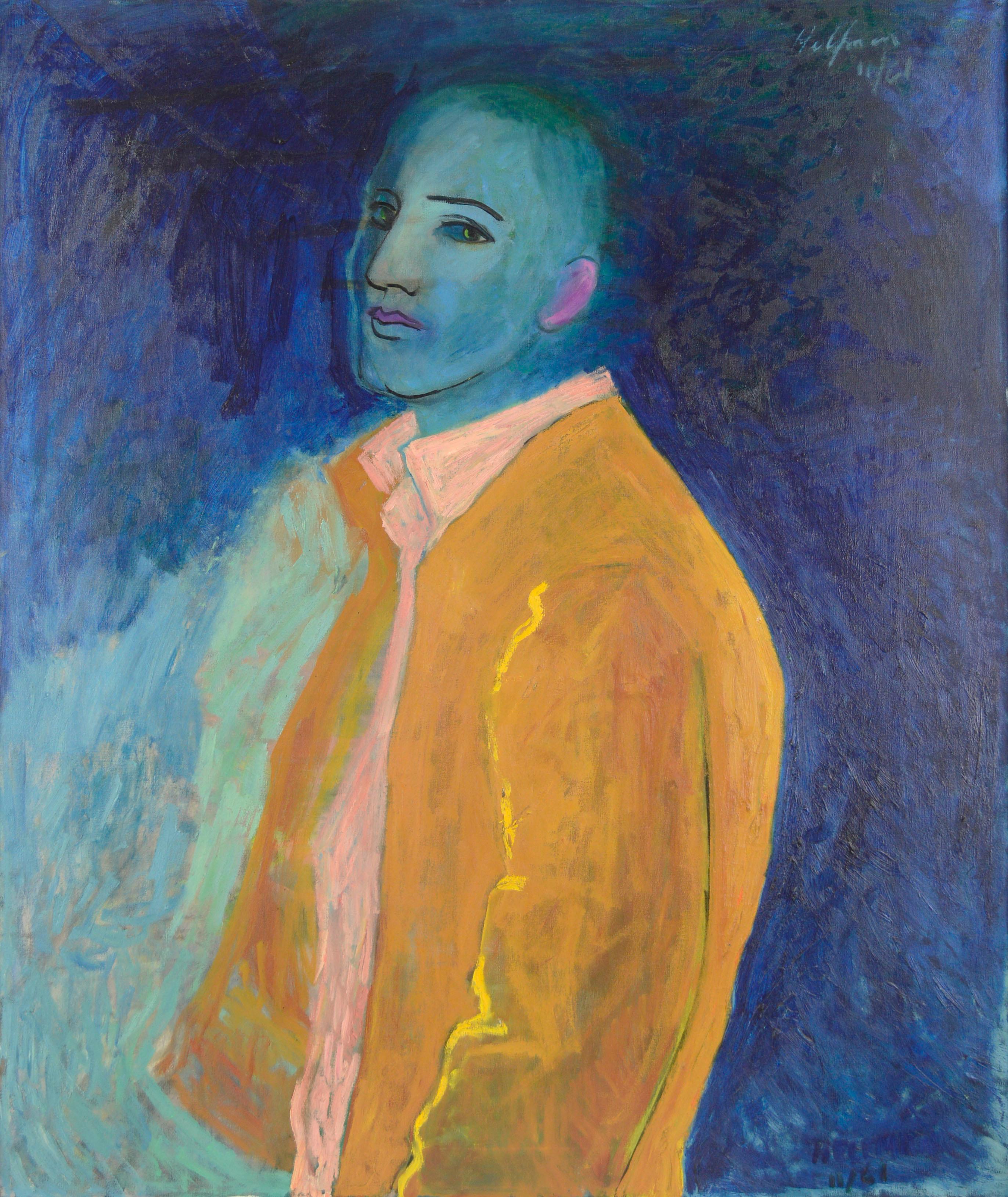 Mid Century Fauvist Self Portrait in Blue and Yellow - Painting by Sydney Helfman