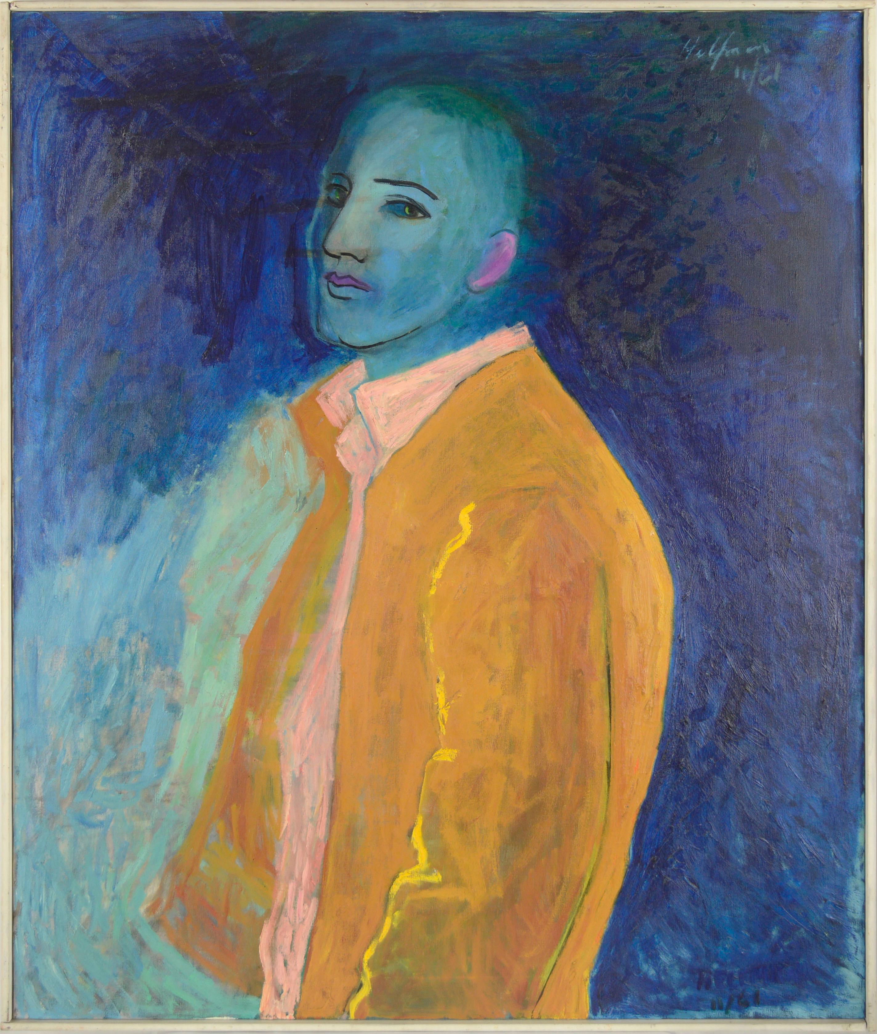 Sydney Helfman Portrait Painting - Mid Century Fauvist Self Portrait in Blue and Yellow