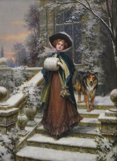 Genre oil painting of women & dog outside a country house in winter