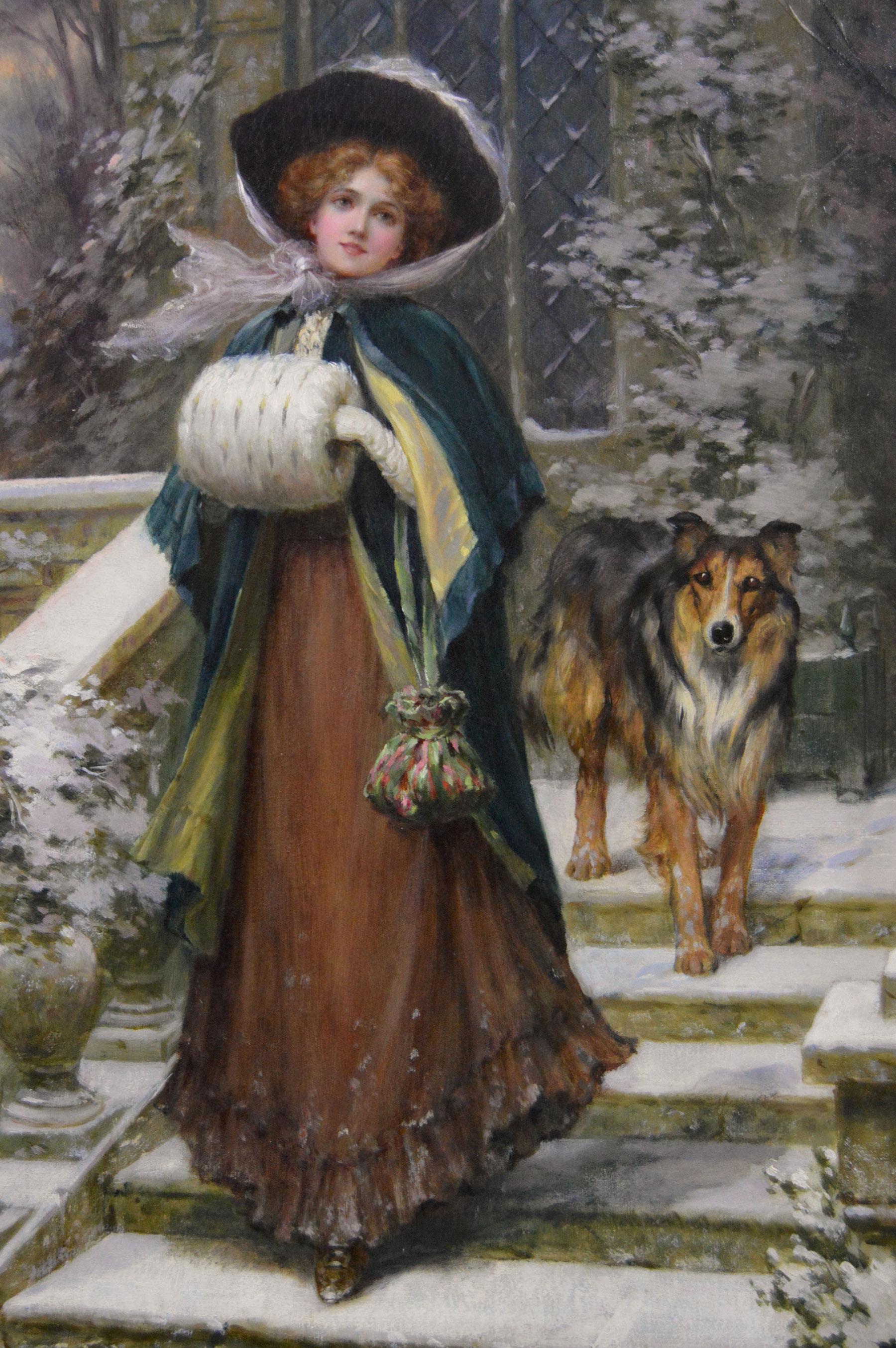 Óleo de género de mujer con perro en el exterior de una casa de campo - Animal Painting Marrón de Sydney Kendrick