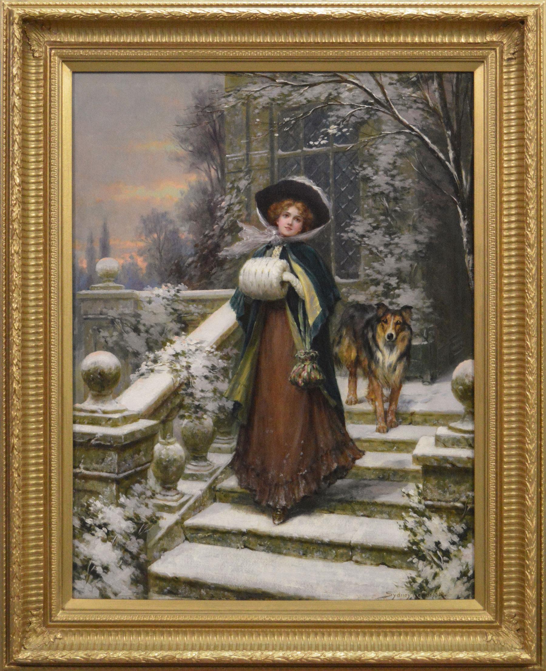 Animal Painting de Sydney Kendrick - Óleo de género de mujer con perro en el exterior de una casa de campo
