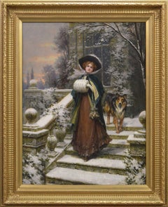 Peinture à l'huile de genre représentant des femmes avec un chien à l'extérieur d'une maison de campagne