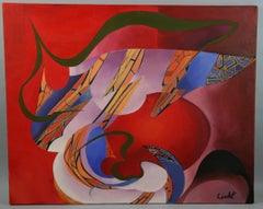 "Oiseau surréaliste" allemand surdimensionné  Expressionniste abstrait rouge  Peinture à l'huile  1965