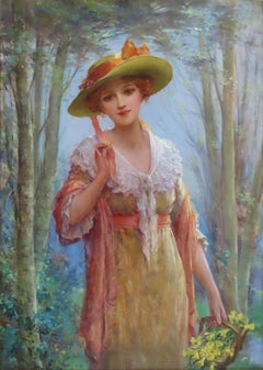 Oil painting by Sydney Percy Kendrick "Gathering Daffodils"
