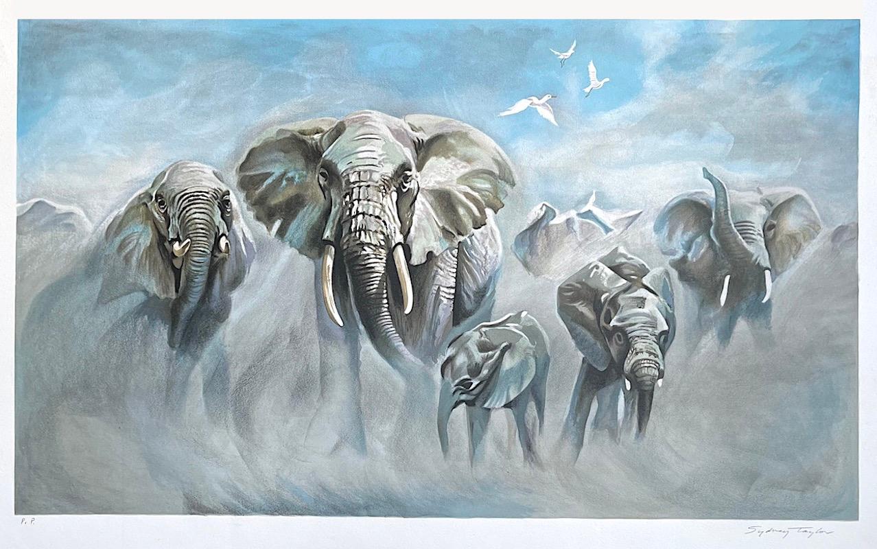 DUSTING ELEPHANTS Signed Lithograph, African Wildlife, Blue, Gray, White  - Print by Sydney Taylor