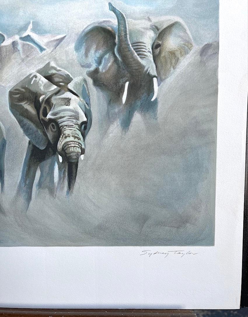 DUSTING ELEPHANTS by the British wildlife artist Sydney Taylor, is an original hand drawn limited edition lithograph printed using hand lithography techniques on archival Somerset paper 100% acid free. DUSTING ELEPHANTS is a contemporary wildlife