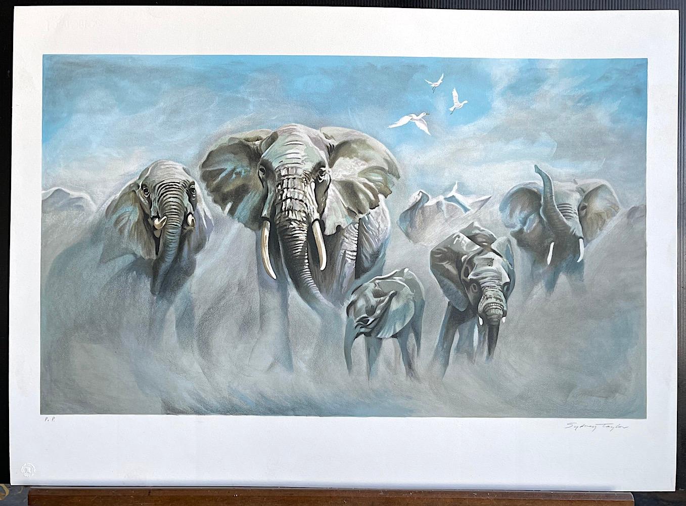 DUSTING ELEPHANTS Signed Lithograph, African Wildlife, Blue, Gray, White  For Sale 1