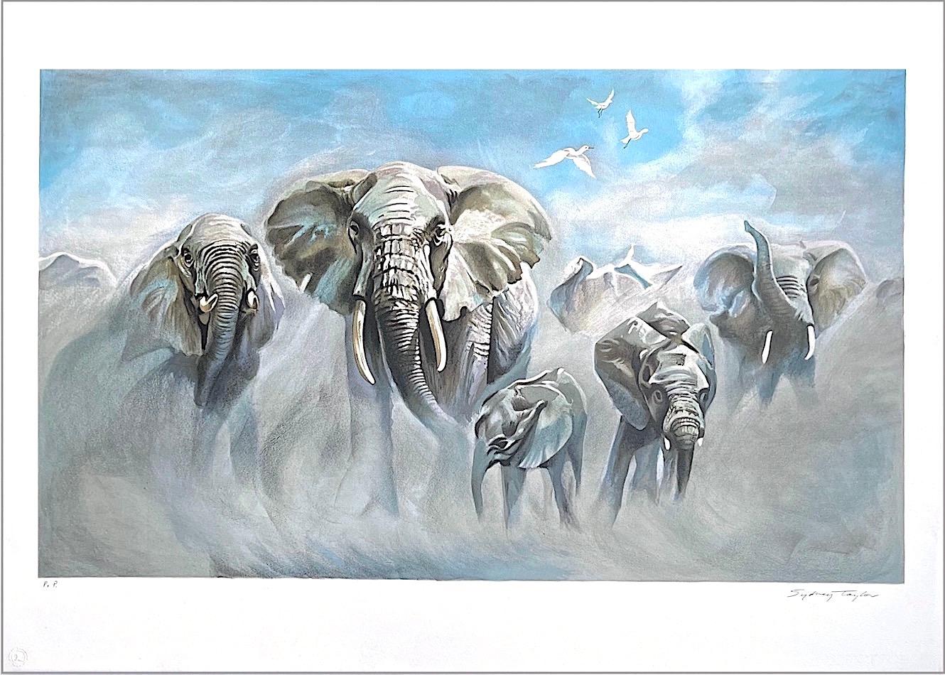 DUSTING ELEPHANTS Signierte Lithographie, afrikanische Tierwelt, Blau, Grau, Weiß 