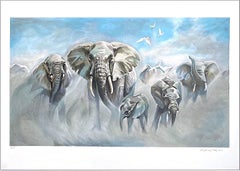 DUSTING ELEPHANTS Signed Lithograph, African Elephants, Blue Sky, White Birds