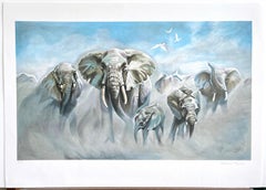 ELEFANTES EN POLVO Litografía firmada, Paisaje salvaje africano, Cielo azul, Pájaros