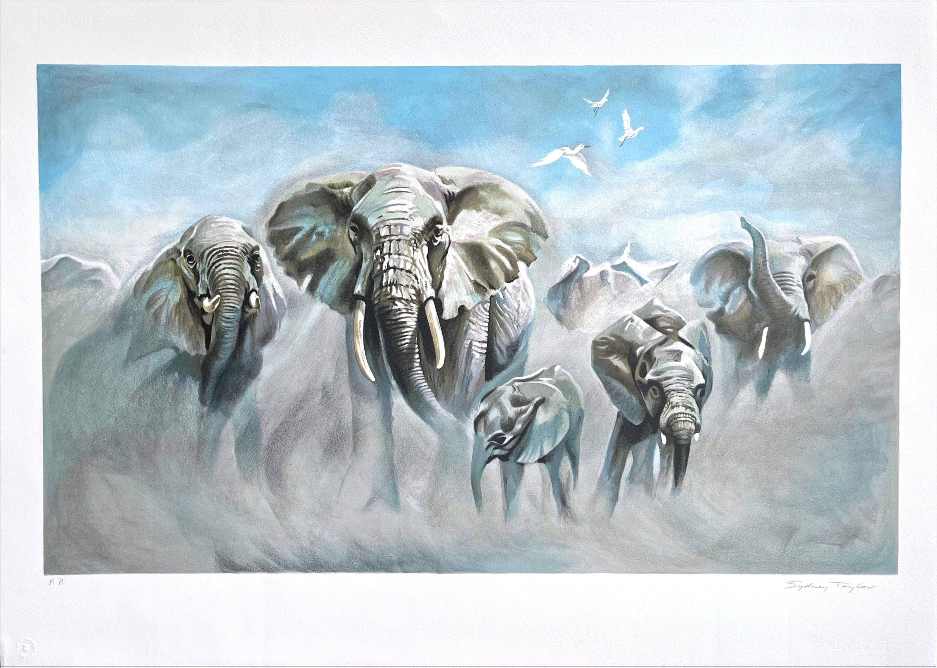 Landscape Print de Sydney Taylor - ELEFANTES EN POLVO Litografía firmada, Paisaje salvaje africano, Cielo azul, Pájaros