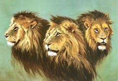 Vintage LION PORTRAIT Signed Lithograph, African Lion Heads, Modern Wildlife Art