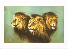 LION PORTRAIT Signed Lithograph, African Lion Heads, Modern Wildlife Art